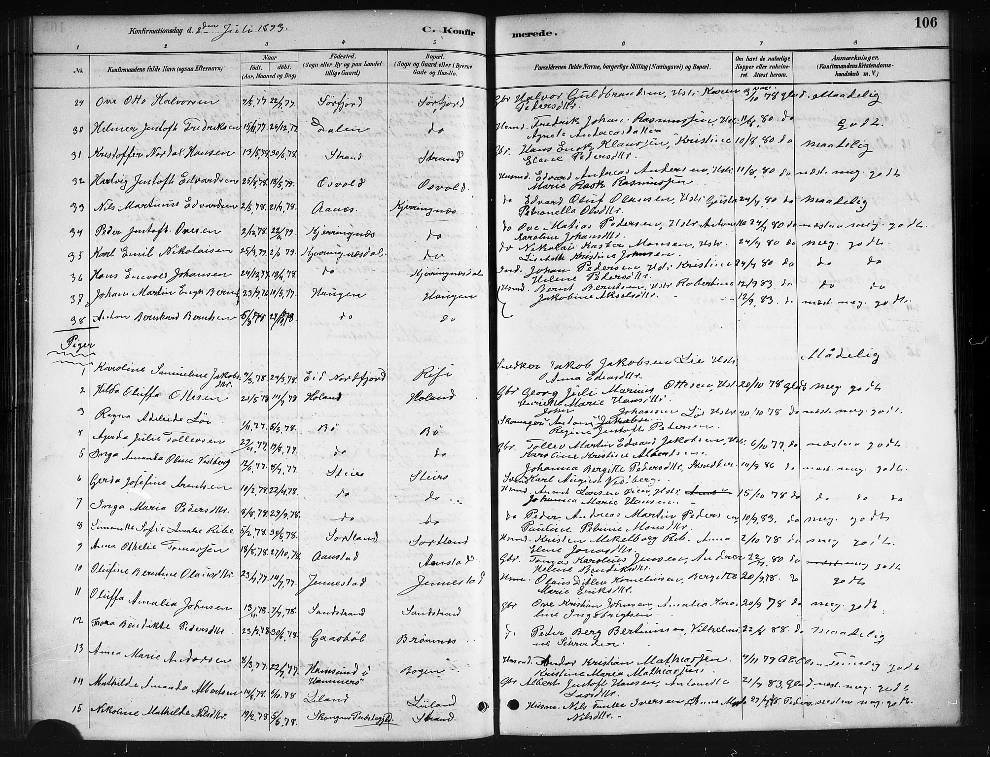 Ministerialprotokoller, klokkerbøker og fødselsregistre - Nordland, AV/SAT-A-1459/895/L1382: Parish register (copy) no. 895C04, 1885-1896, p. 106