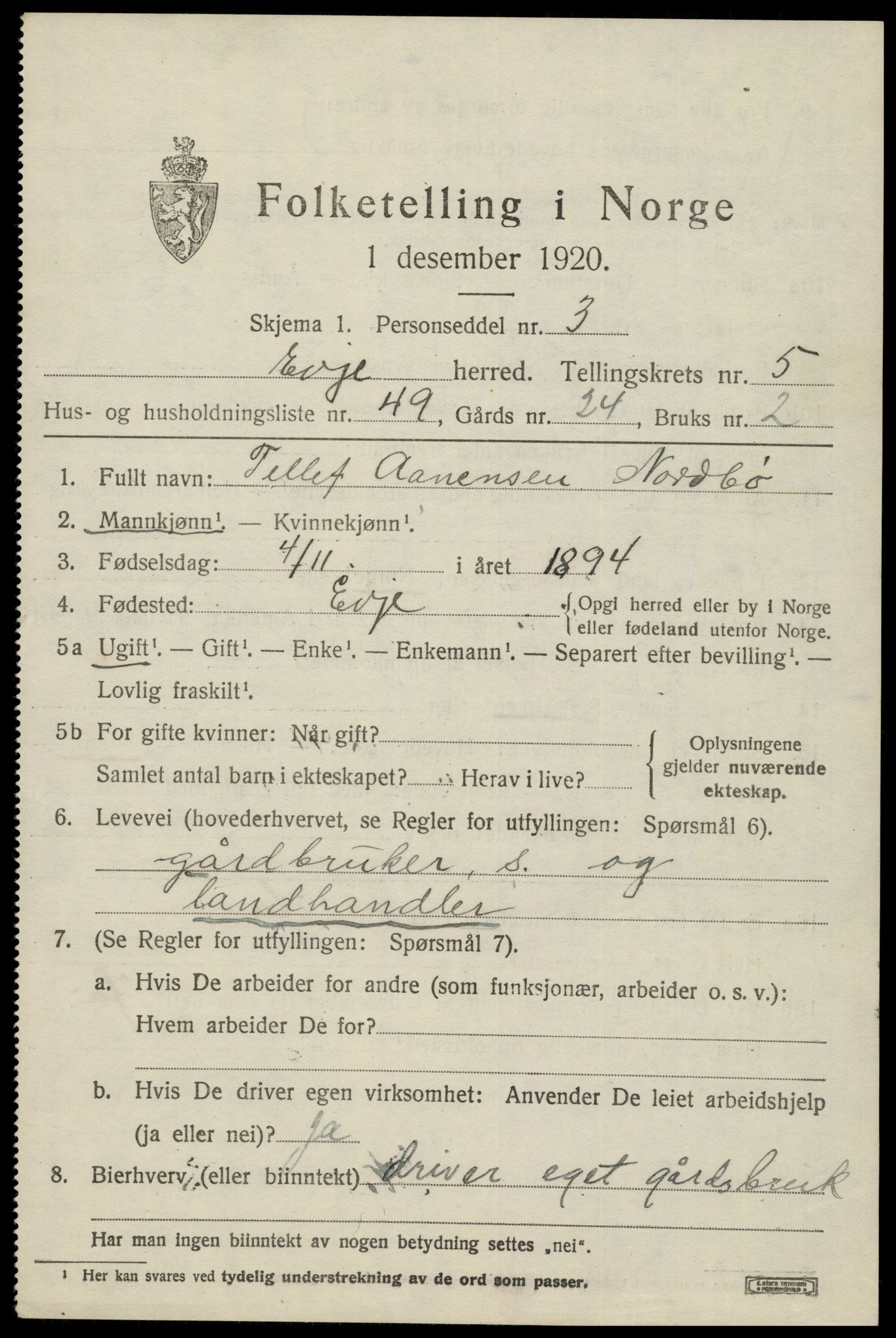 SAK, 1920 census for Evje, 1920, p. 2088