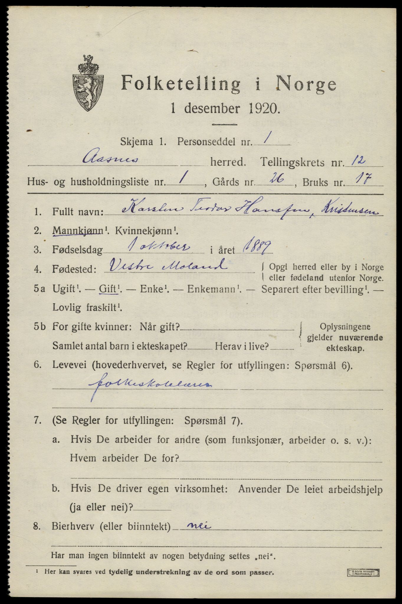 SAH, 1920 census for Åsnes, 1920, p. 12196