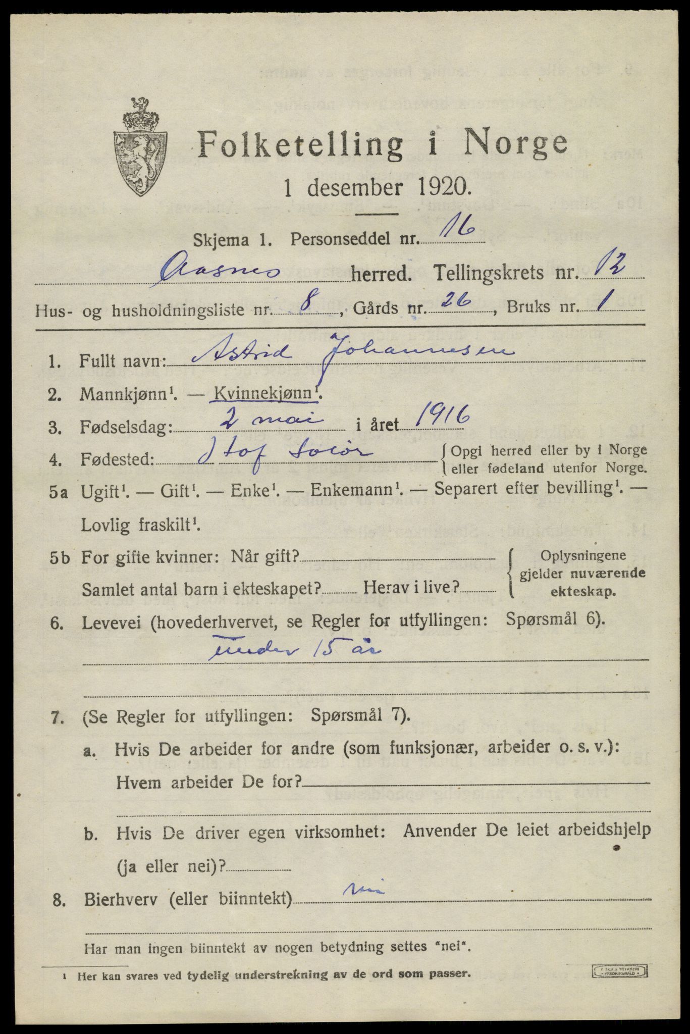 SAH, 1920 census for Åsnes, 1920, p. 12340