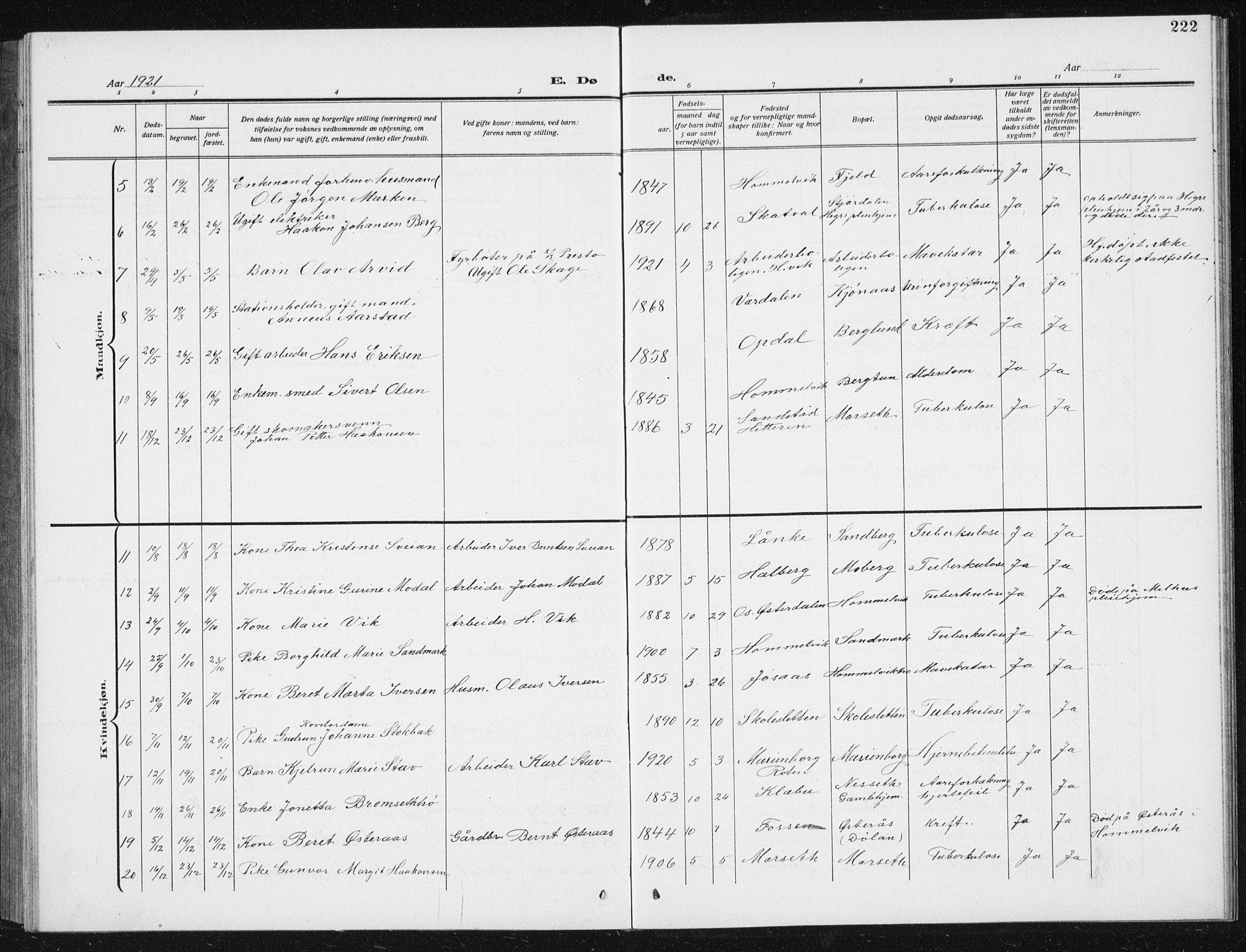 Ministerialprotokoller, klokkerbøker og fødselsregistre - Sør-Trøndelag, SAT/A-1456/617/L0431: Parish register (copy) no. 617C02, 1910-1936, p. 222