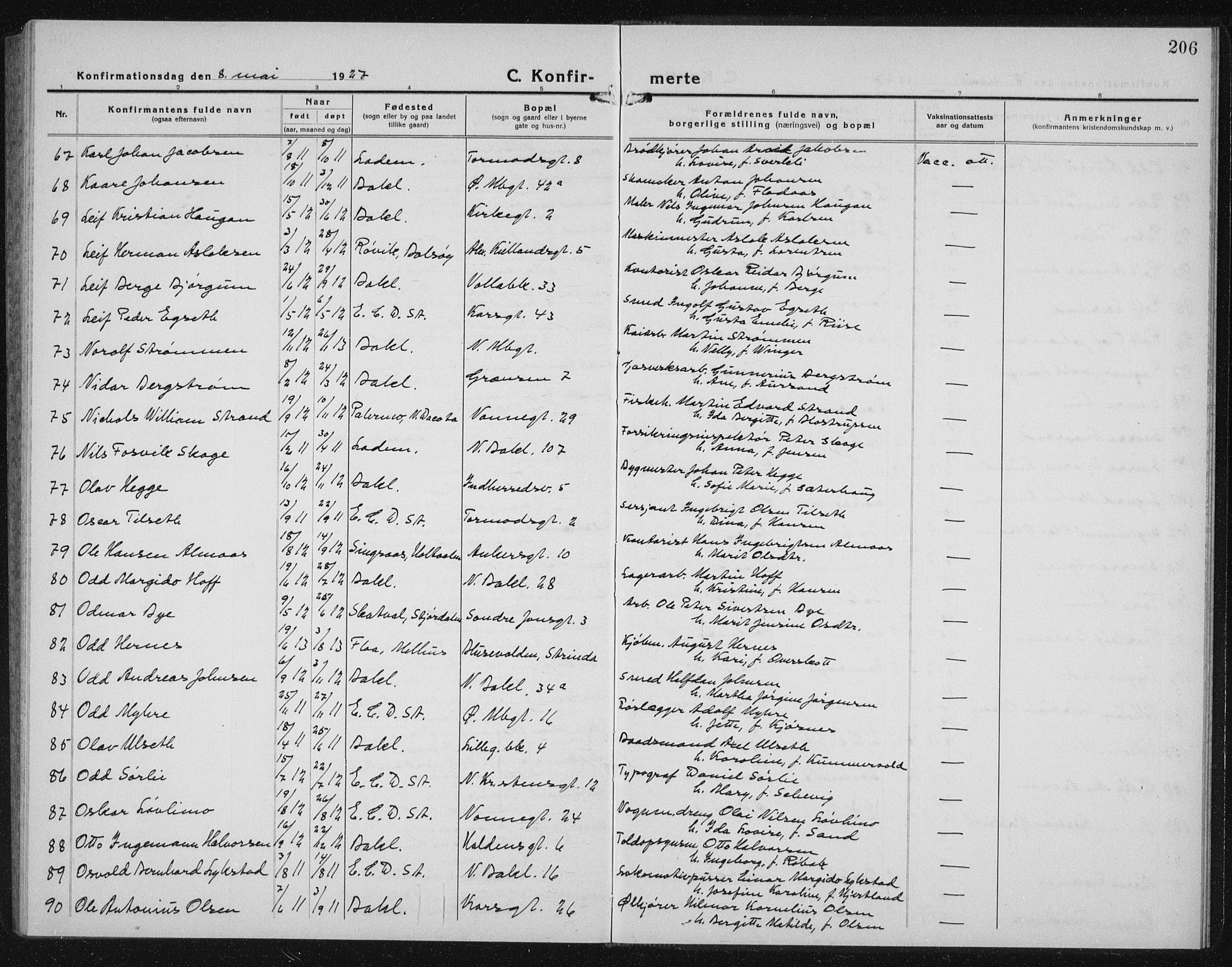 Ministerialprotokoller, klokkerbøker og fødselsregistre - Sør-Trøndelag, AV/SAT-A-1456/604/L0227: Parish register (copy) no. 604C10, 1923-1942, p. 206