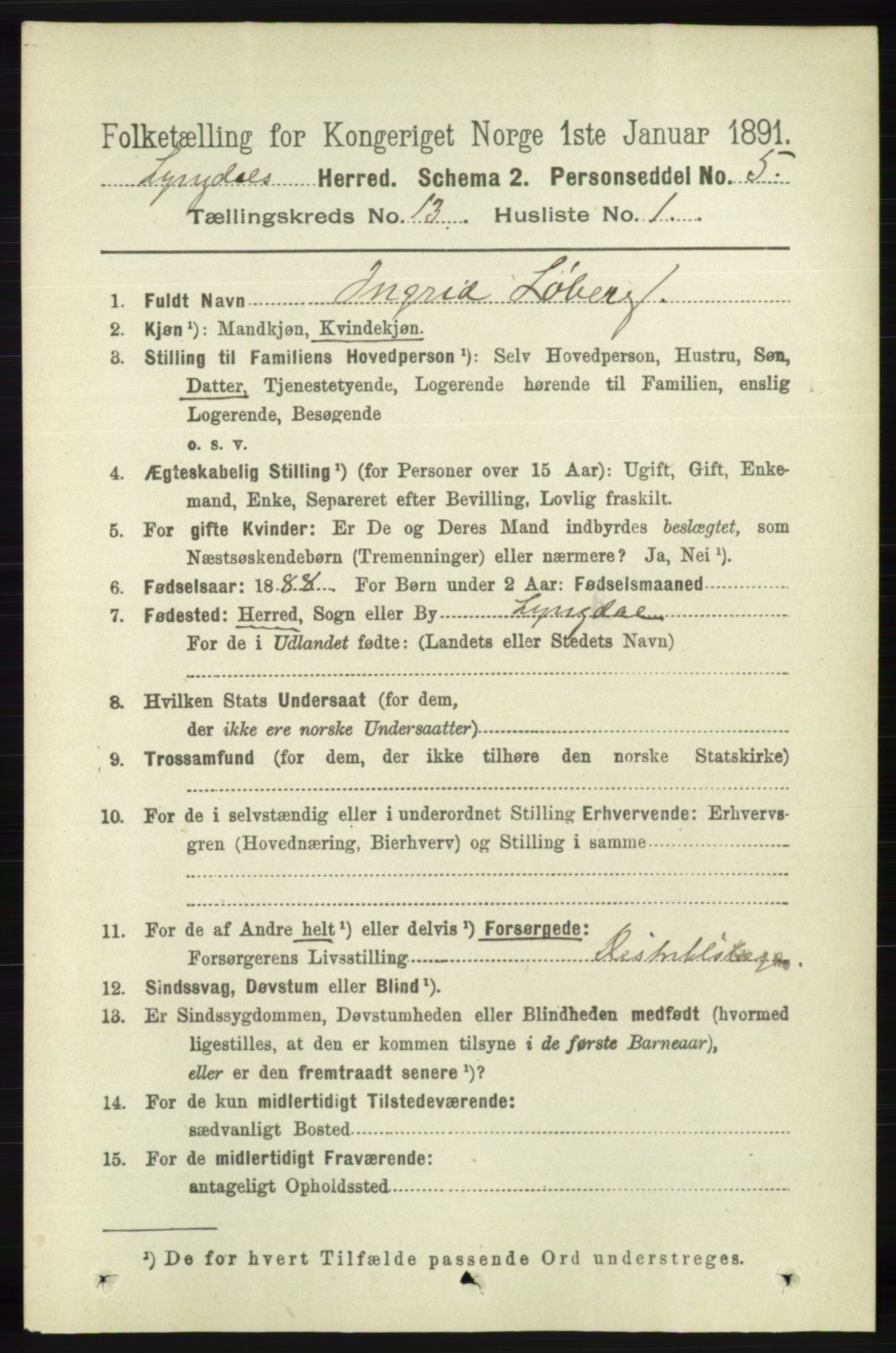 RA, 1891 census for 1032 Lyngdal, 1891, p. 5606