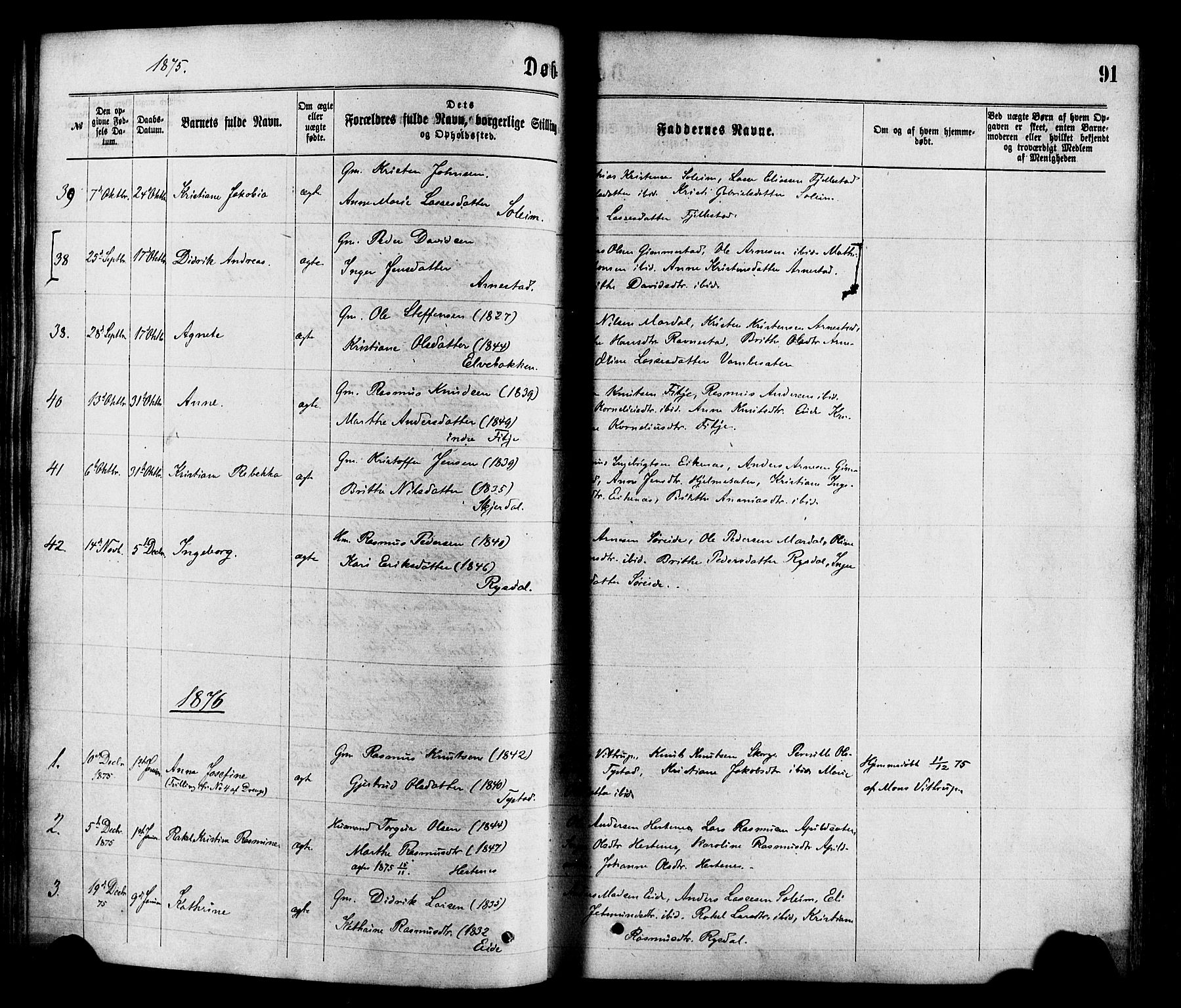 Gloppen sokneprestembete, SAB/A-80101/H/Haa/Haaa/L0010: Parish register (official) no. A 10, 1871-1884, p. 91