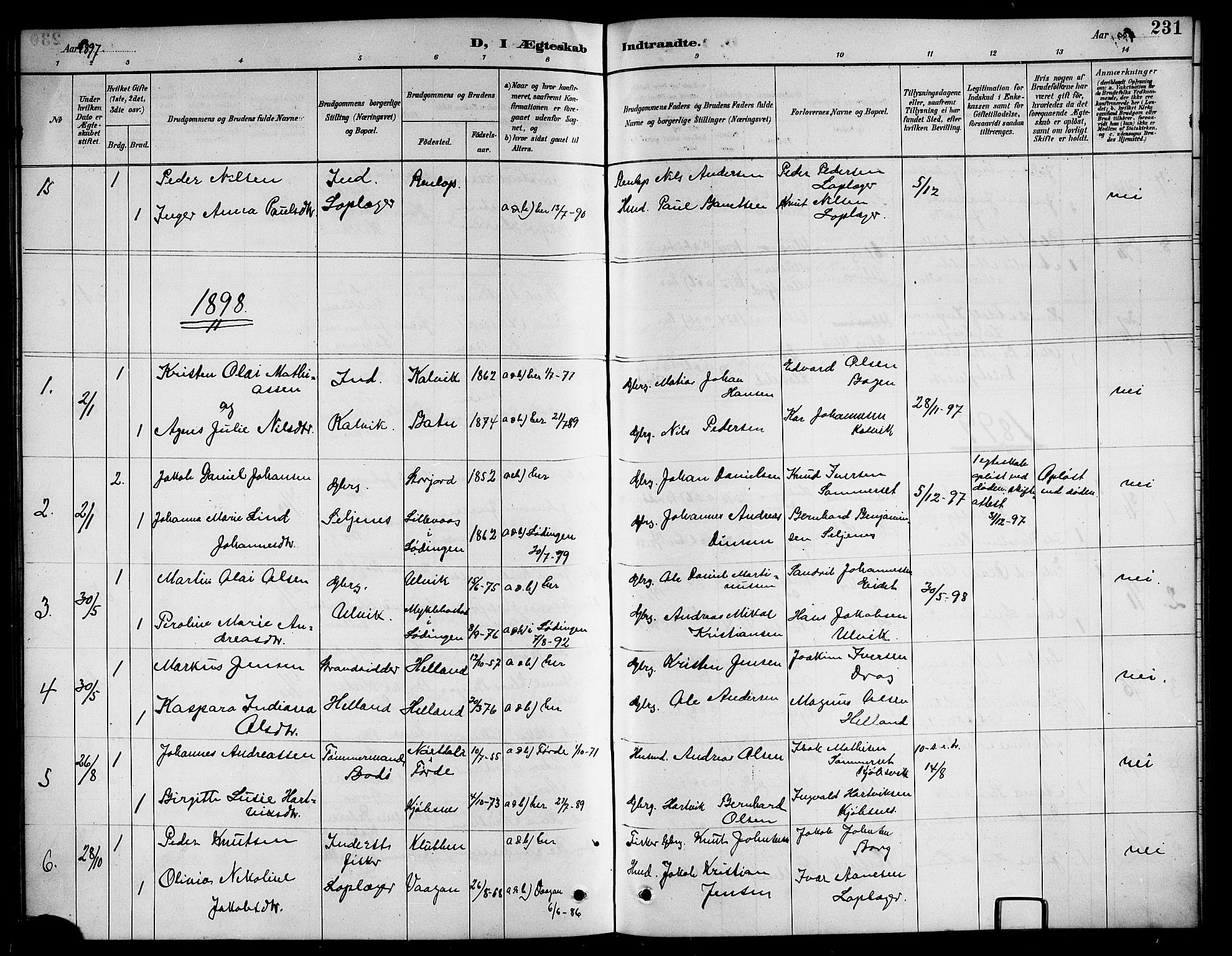 Ministerialprotokoller, klokkerbøker og fødselsregistre - Nordland, AV/SAT-A-1459/861/L0876: Parish register (copy) no. 861C02, 1887-1903, p. 231