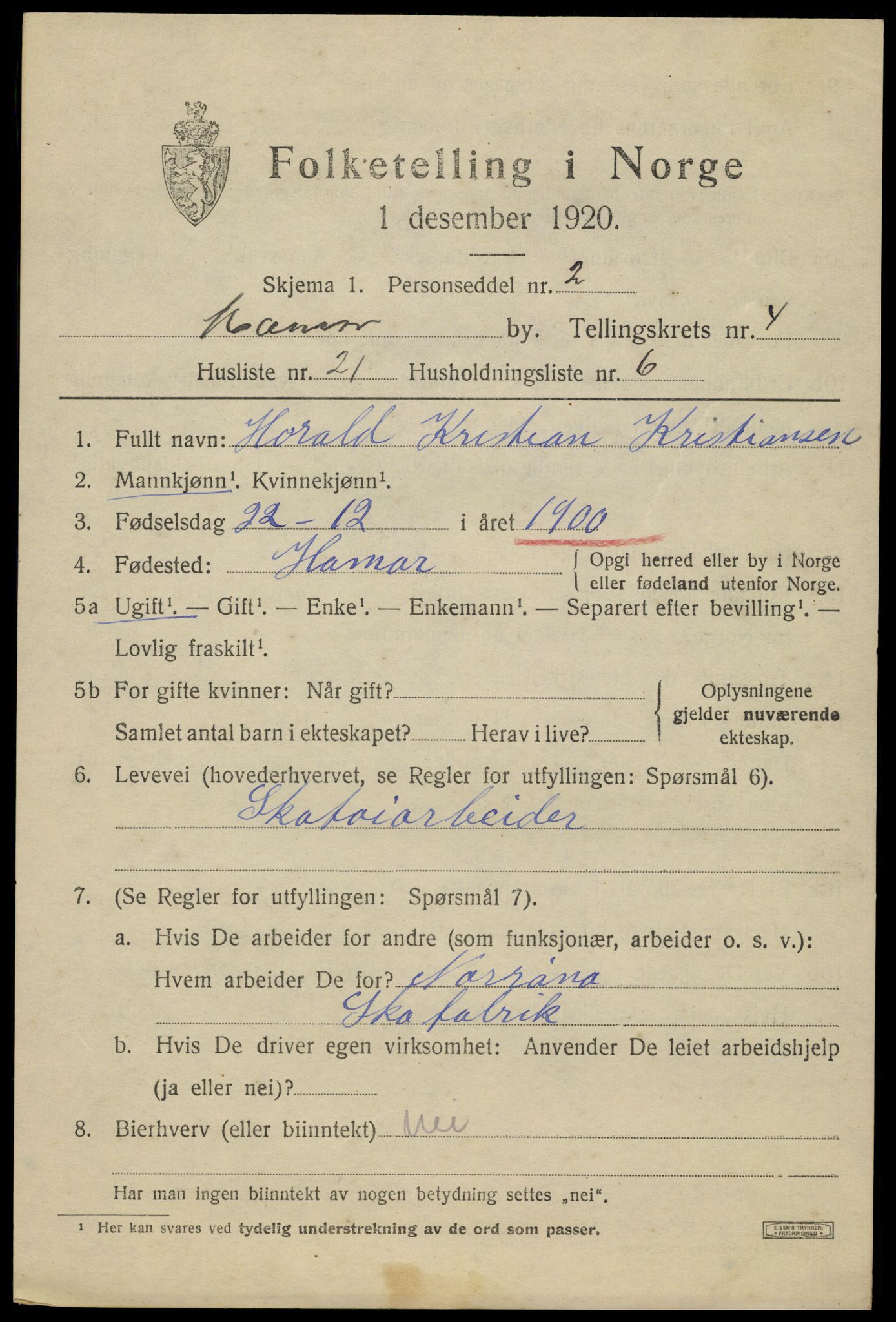 SAH, 1920 census for Hamar, 1920, p. 8677