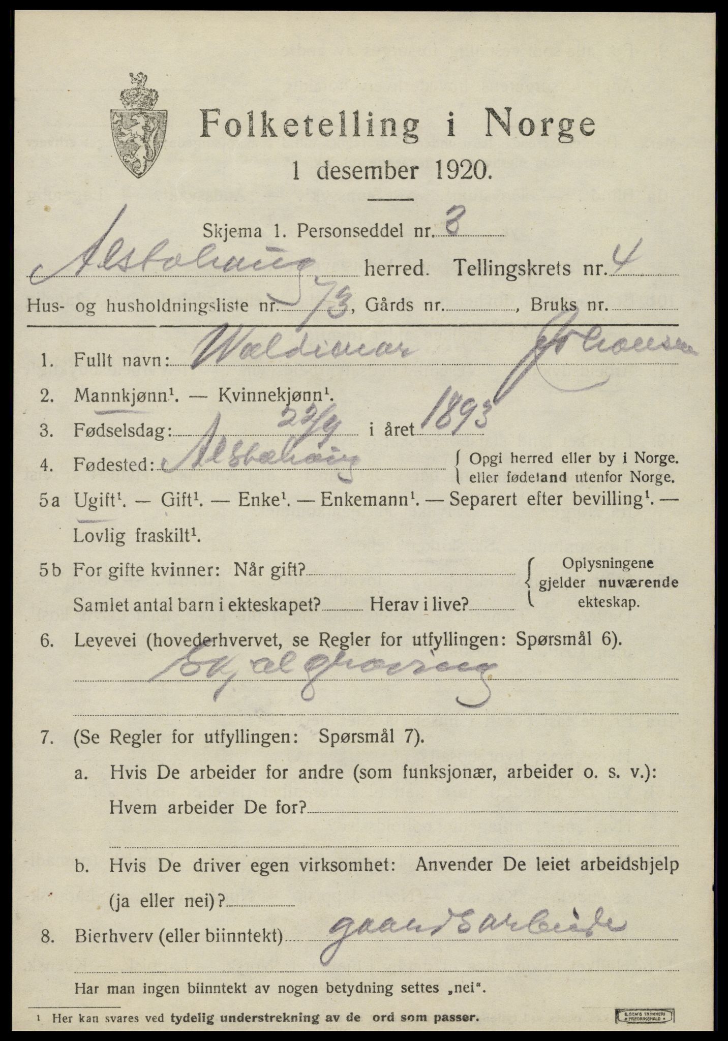 SAT, 1920 census for Alstahaug, 1920, p. 2833