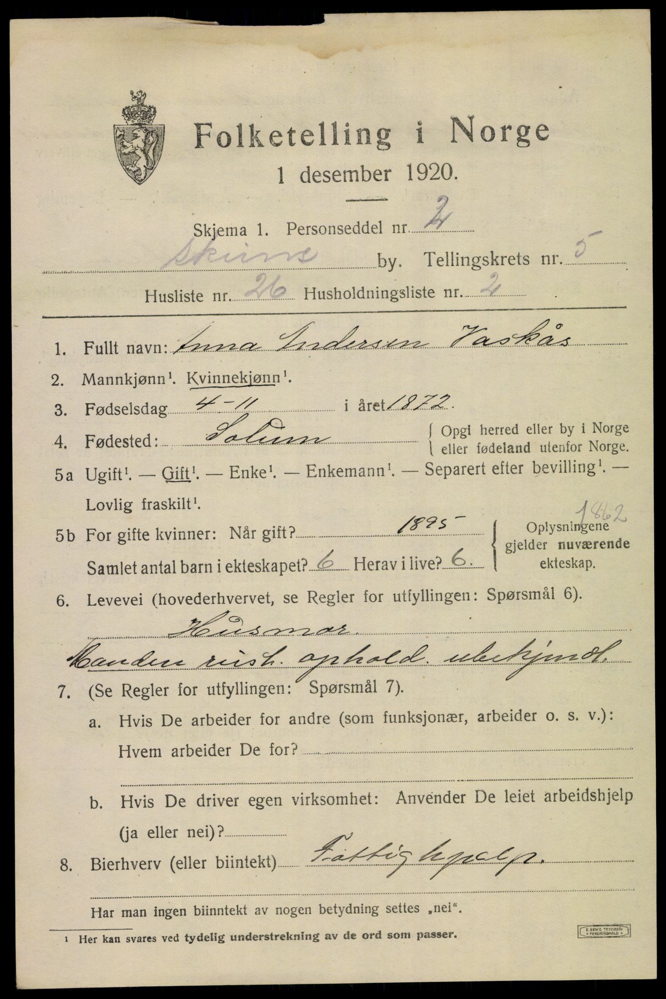 SAKO, 1920 census for Skien, 1920, p. 20020