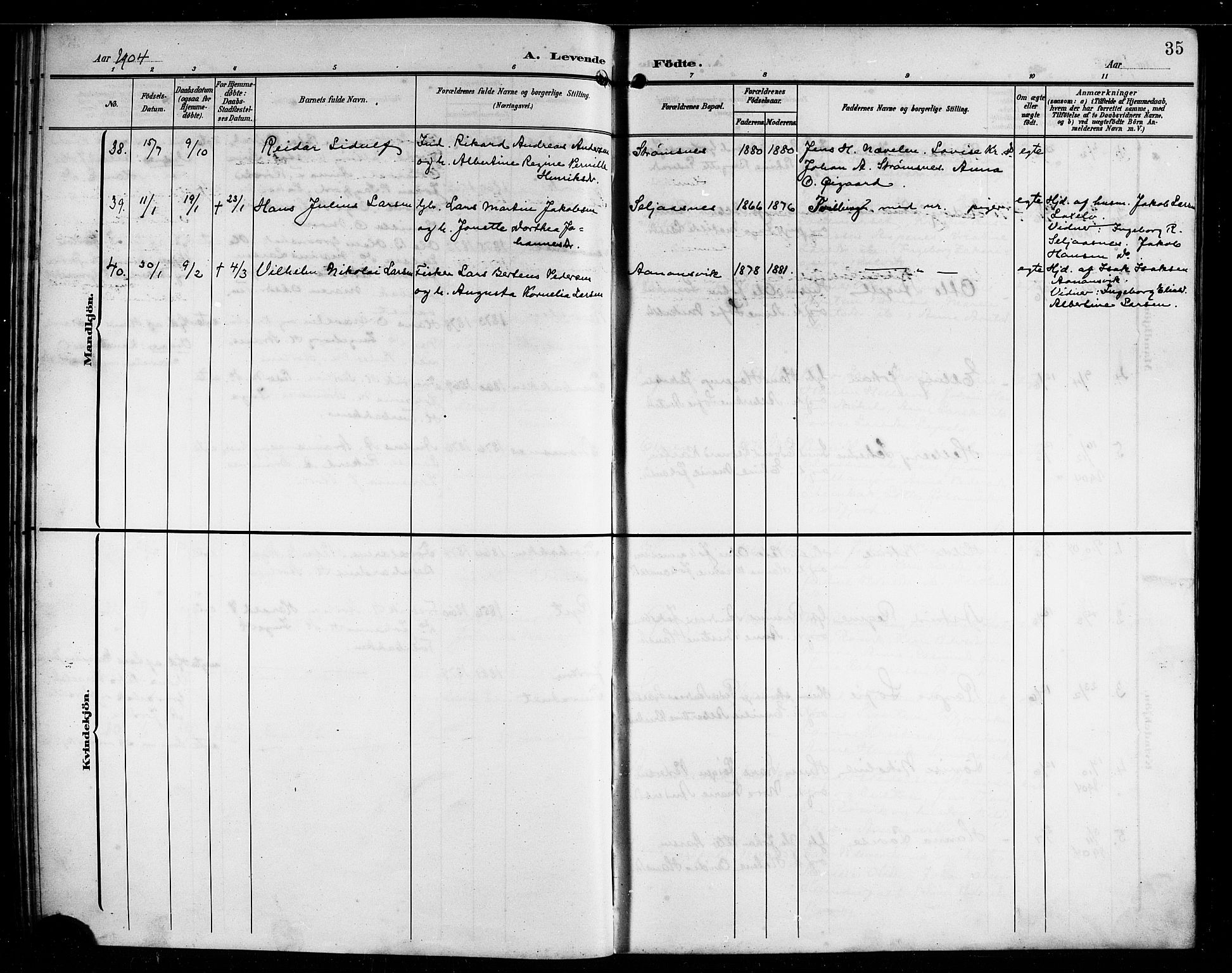 Ministerialprotokoller, klokkerbøker og fødselsregistre - Nordland, AV/SAT-A-1459/854/L0786: Parish register (copy) no. 854C02, 1901-1912, p. 35