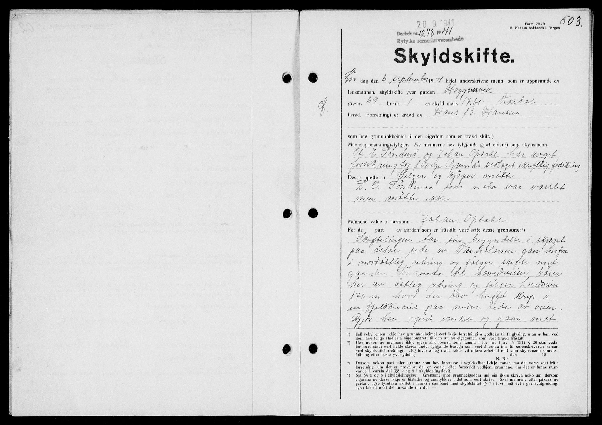 Ryfylke tingrett, SAST/A-100055/001/II/IIB/L0085: Mortgage book no. 64, 1941-1941, Diary no: : 1273/1941