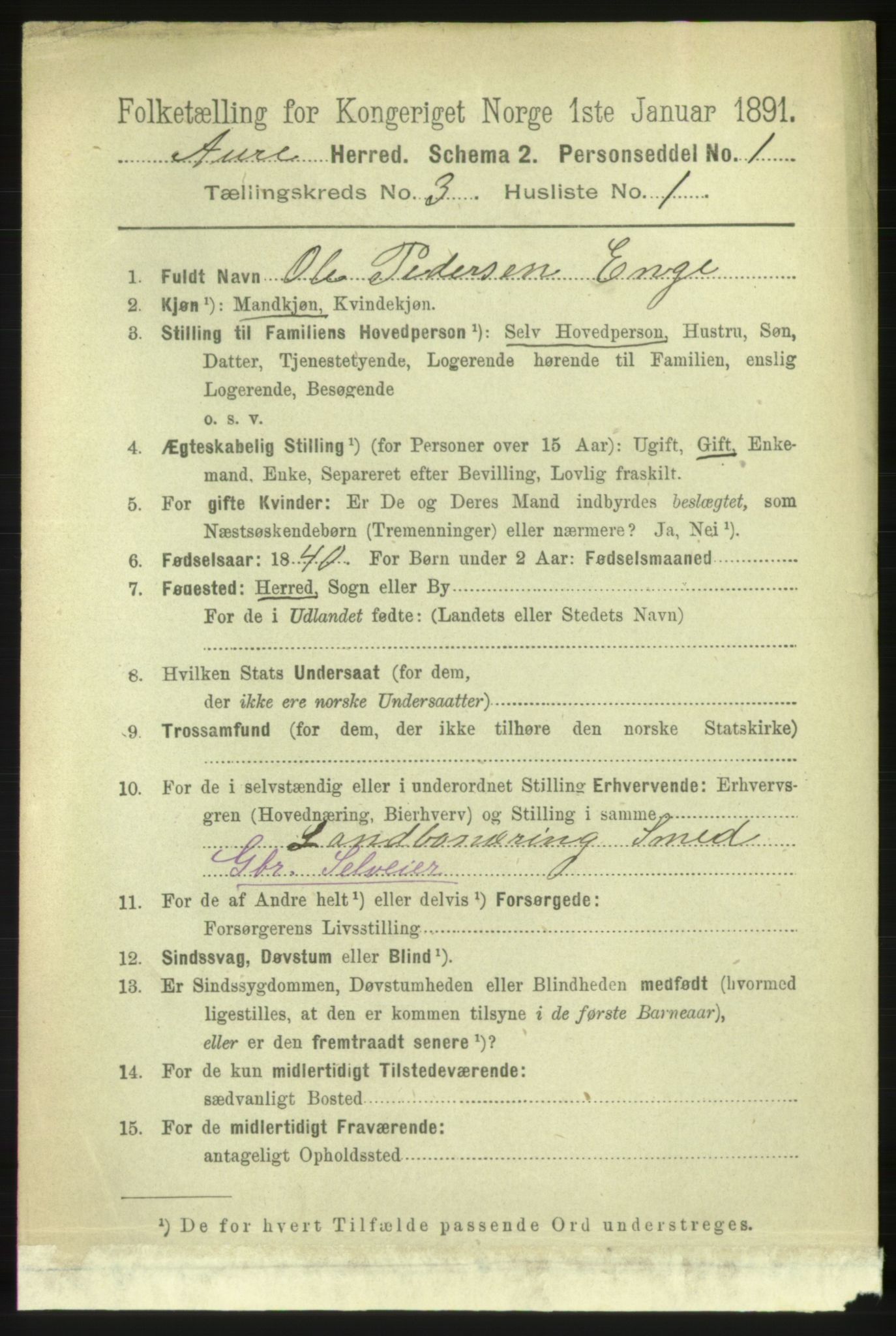 RA, 1891 census for 1569 Aure, 1891, p. 1551