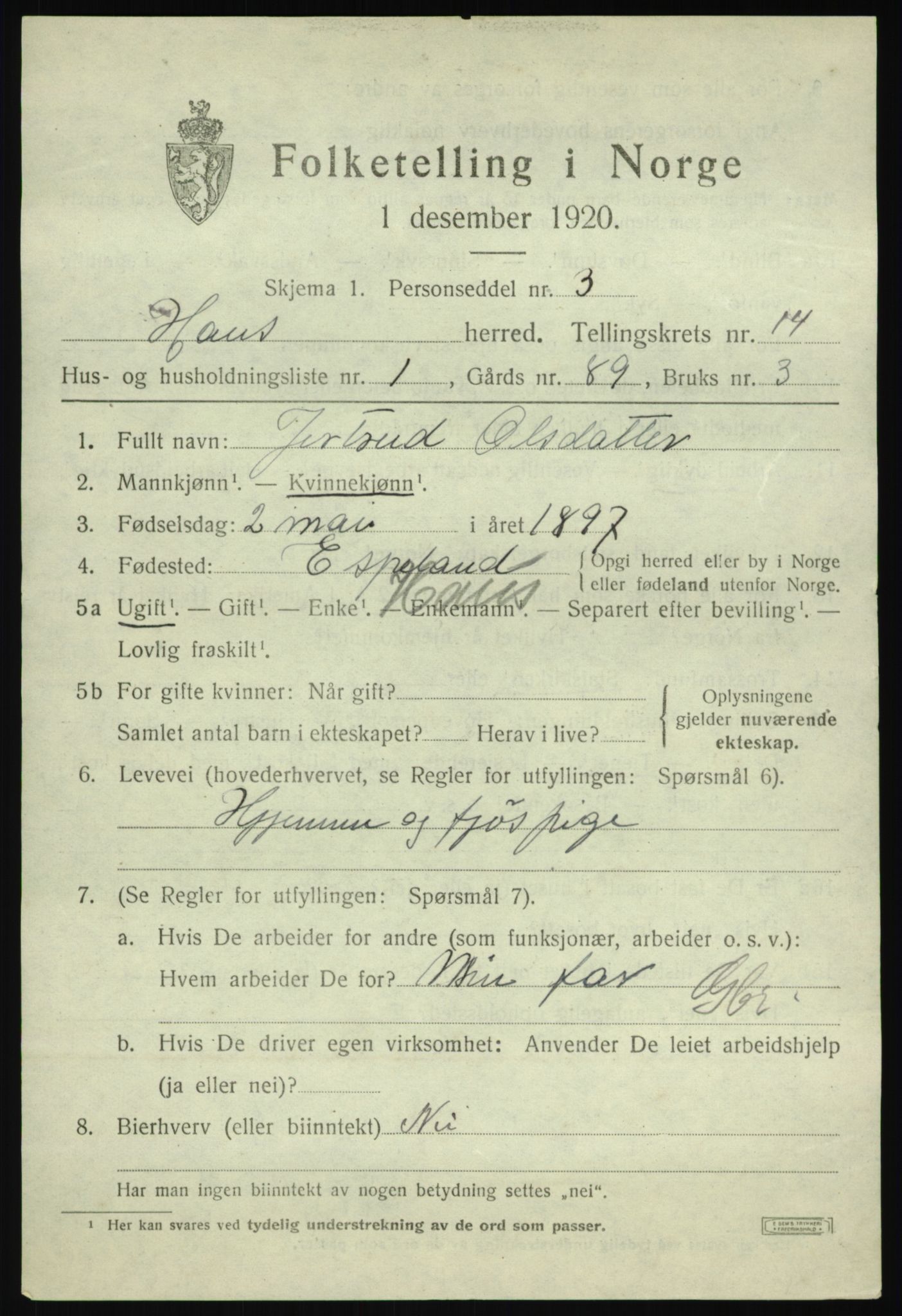 SAB, 1920 census for Haus, 1920, p. 8791