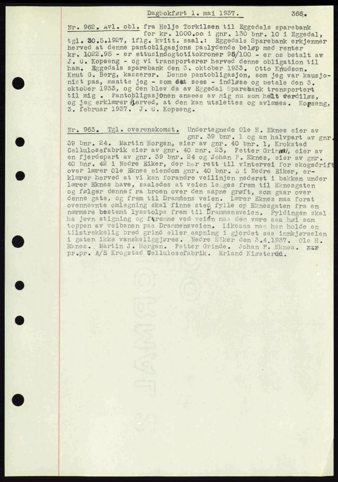 Eiker, Modum og Sigdal sorenskriveri, SAKO/A-123/G/Ga/Gab/L0035: Mortgage book no. A5, 1937-1937, Diary no: : 962/1937