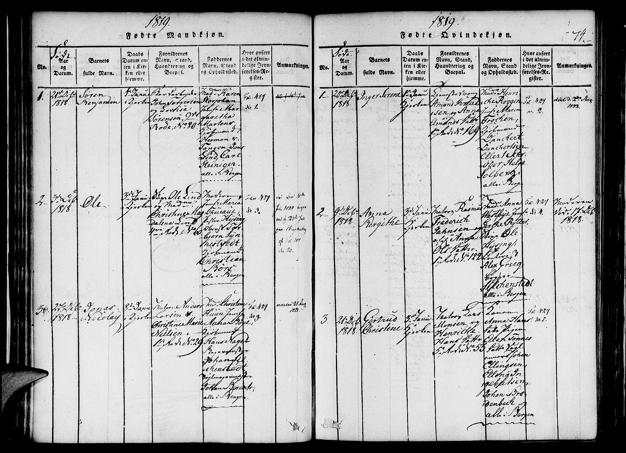 Nykirken Sokneprestembete, SAB/A-77101/H/Haa/L0011: Parish register (official) no. A 11, 1816-1821, p. 74