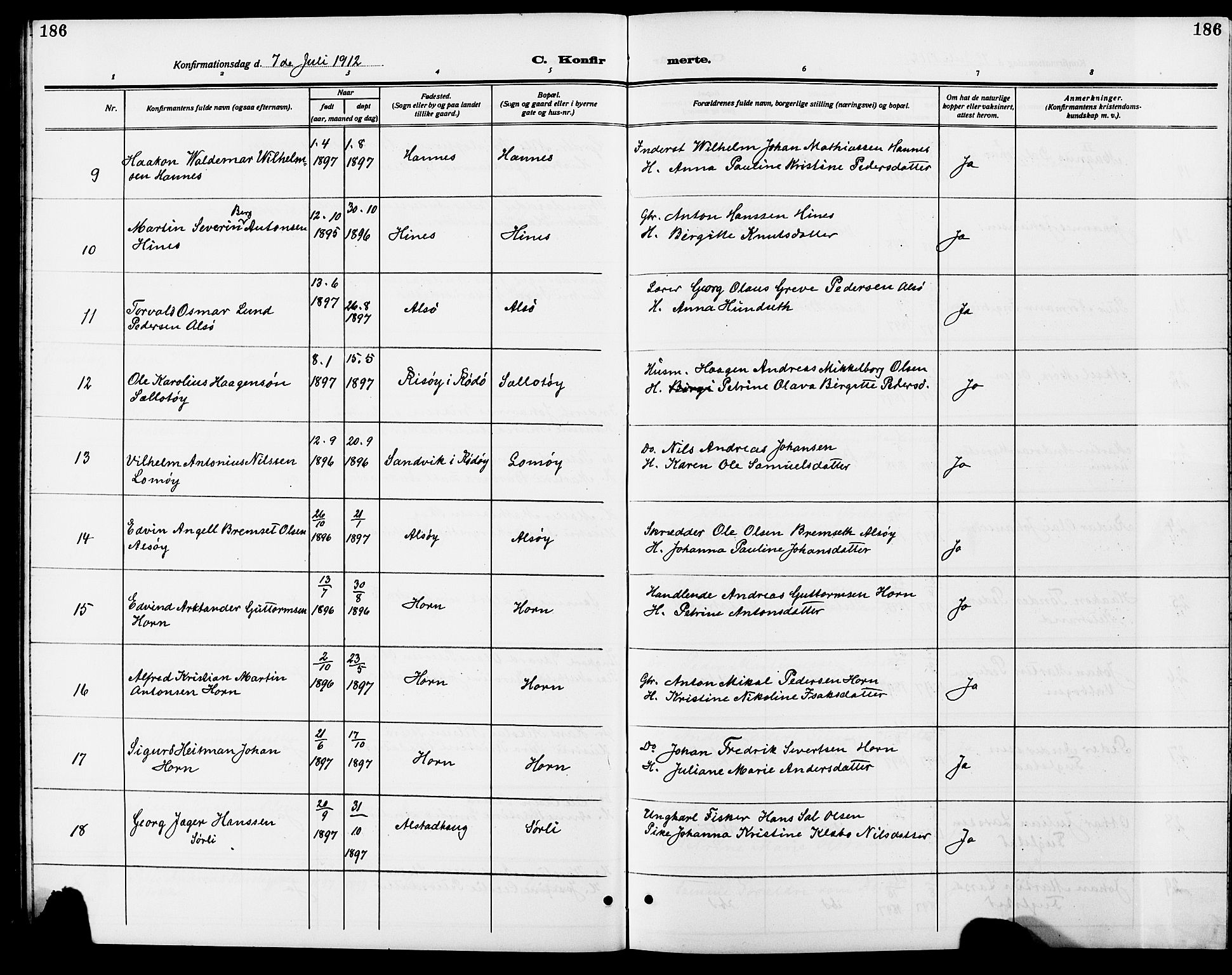 Ministerialprotokoller, klokkerbøker og fødselsregistre - Nordland, AV/SAT-A-1459/838/L0560: Parish register (copy) no. 838C07, 1910-1928, p. 186