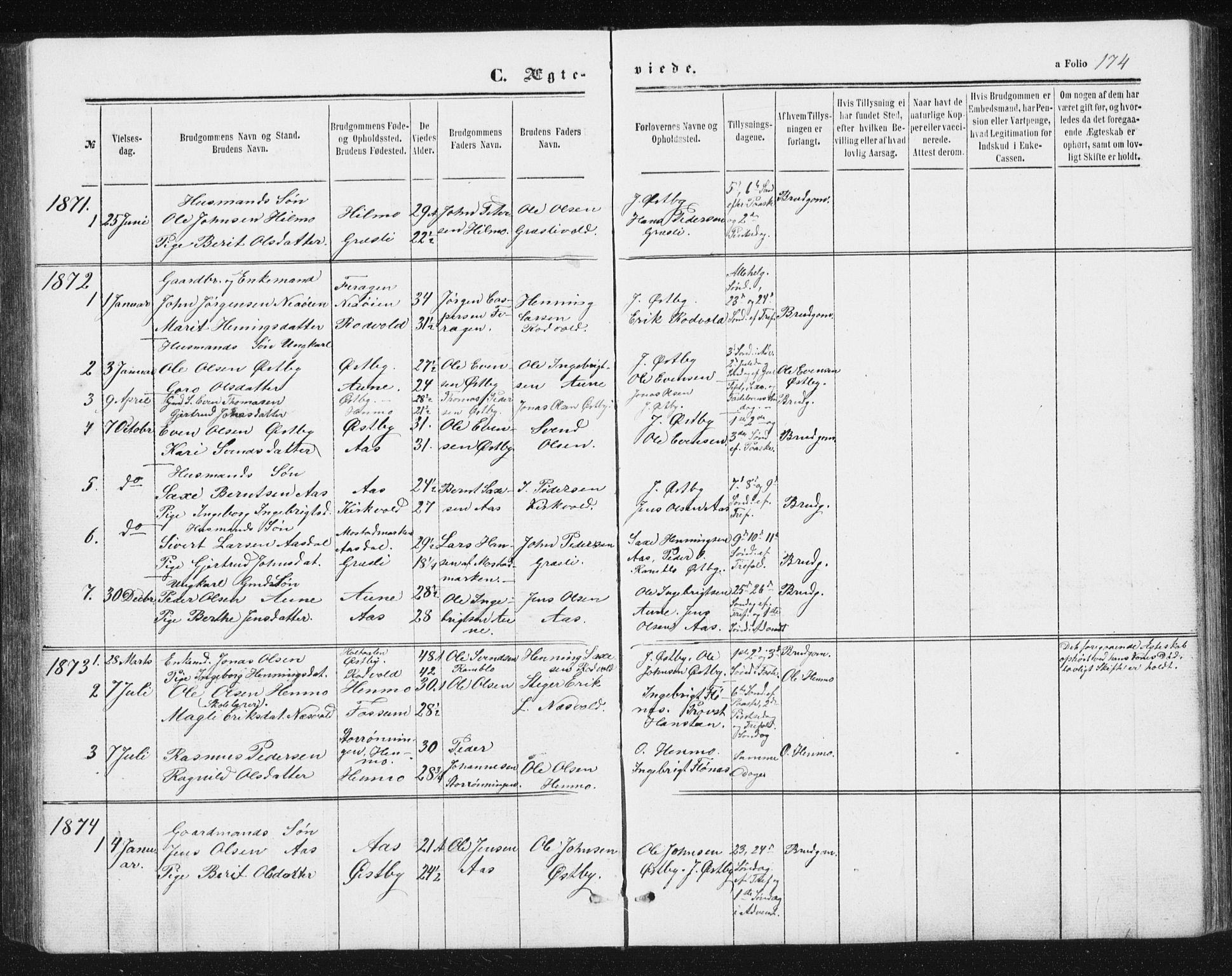 Ministerialprotokoller, klokkerbøker og fødselsregistre - Sør-Trøndelag, SAT/A-1456/698/L1166: Parish register (copy) no. 698C03, 1861-1887, p. 174