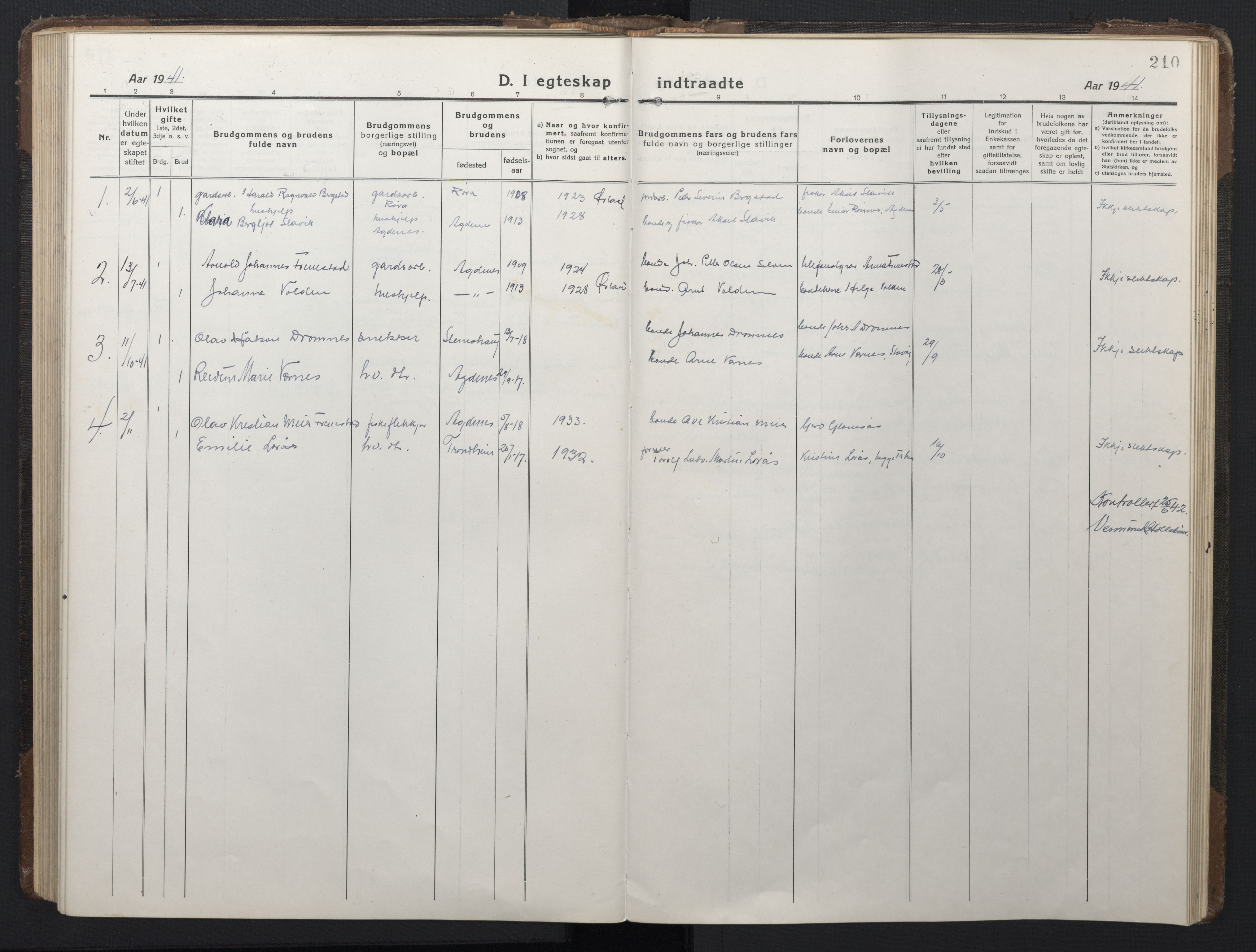 Ministerialprotokoller, klokkerbøker og fødselsregistre - Sør-Trøndelag, SAT/A-1456/662/L0758: Parish register (copy) no. 662C03, 1918-1948, p. 210