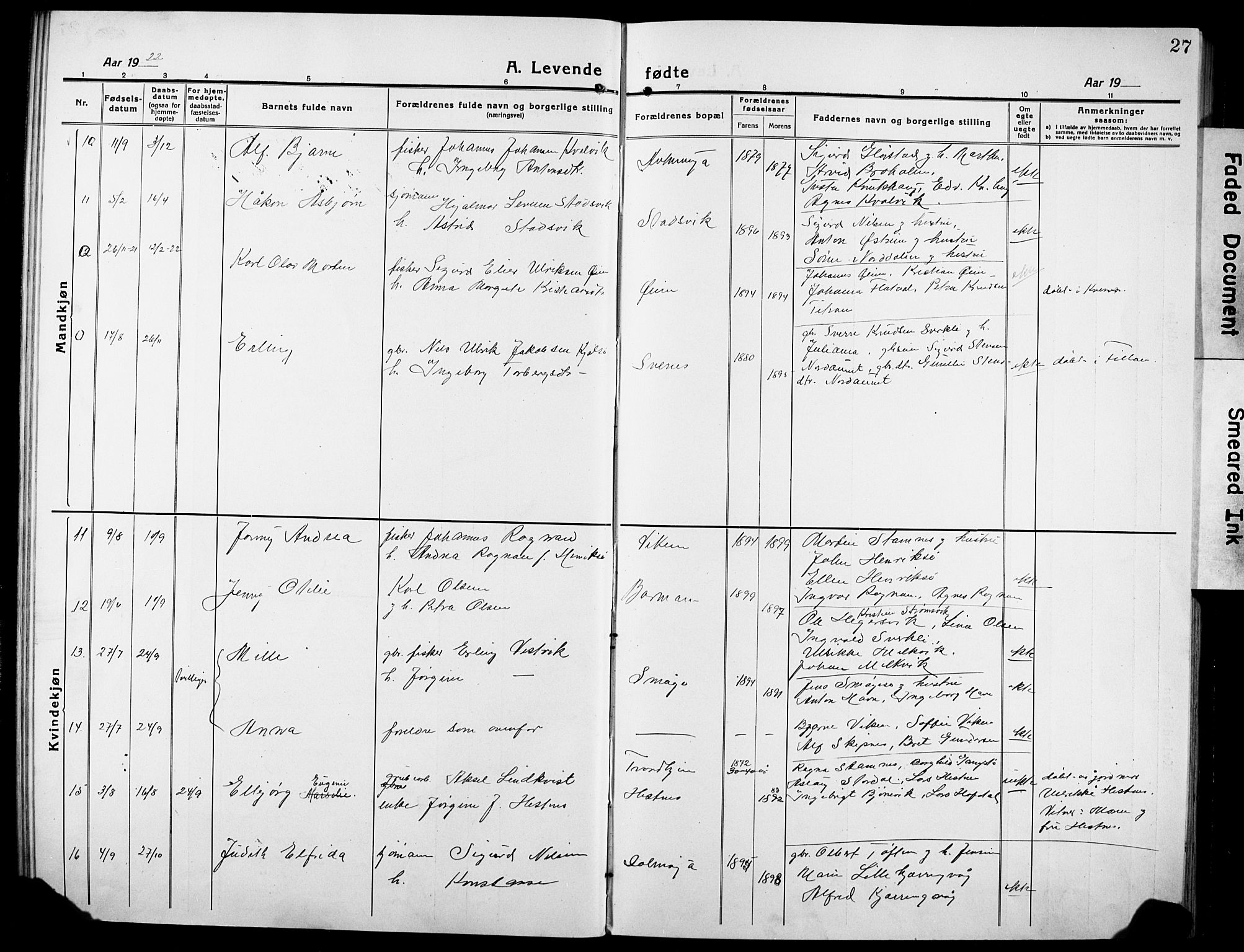 Ministerialprotokoller, klokkerbøker og fødselsregistre - Sør-Trøndelag, SAT/A-1456/634/L0543: Parish register (copy) no. 634C05, 1917-1928, p. 27