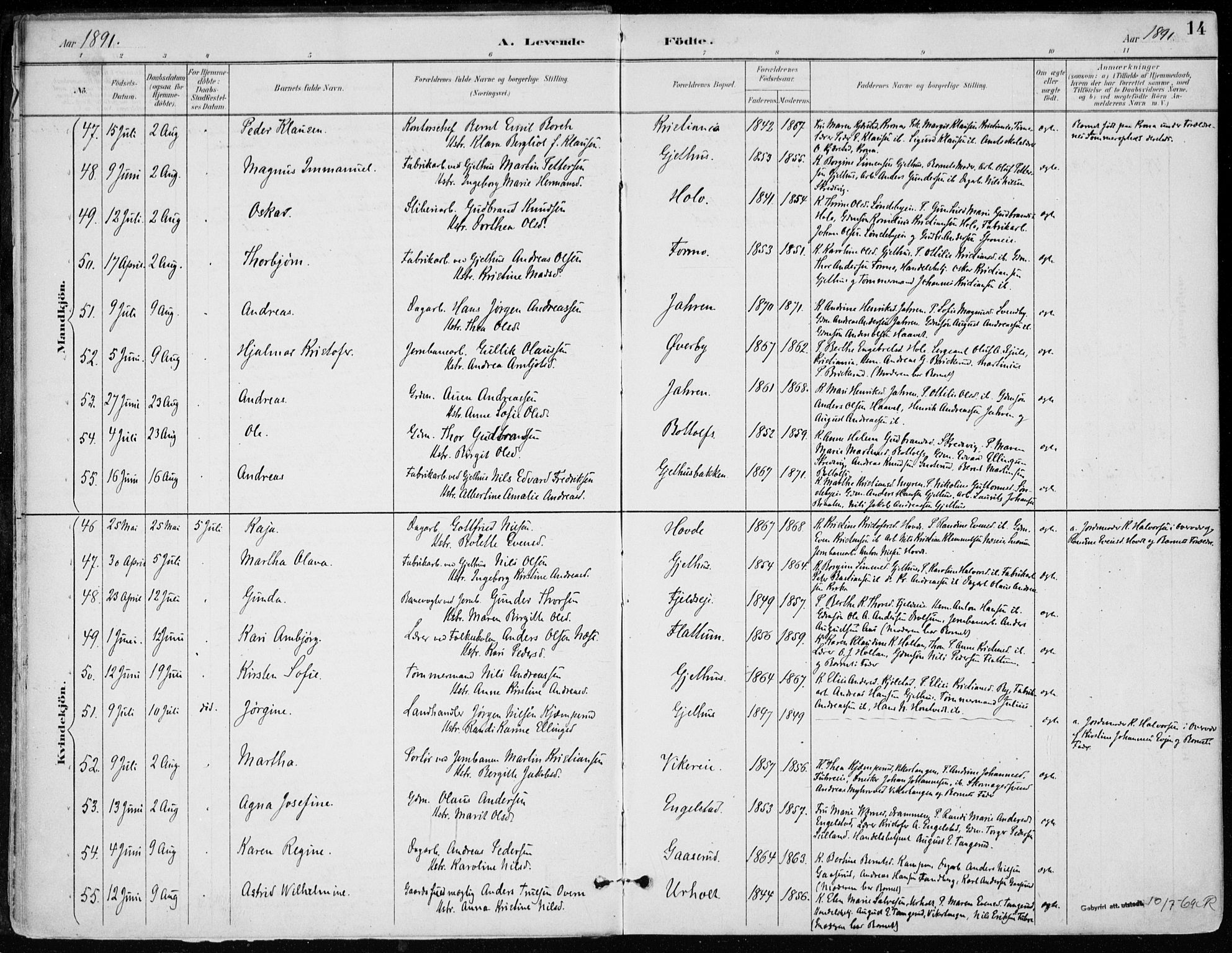 Modum kirkebøker, AV/SAKO-A-234/F/Fa/L0012: Parish register (official) no. 12, 1890-1898, p. 14