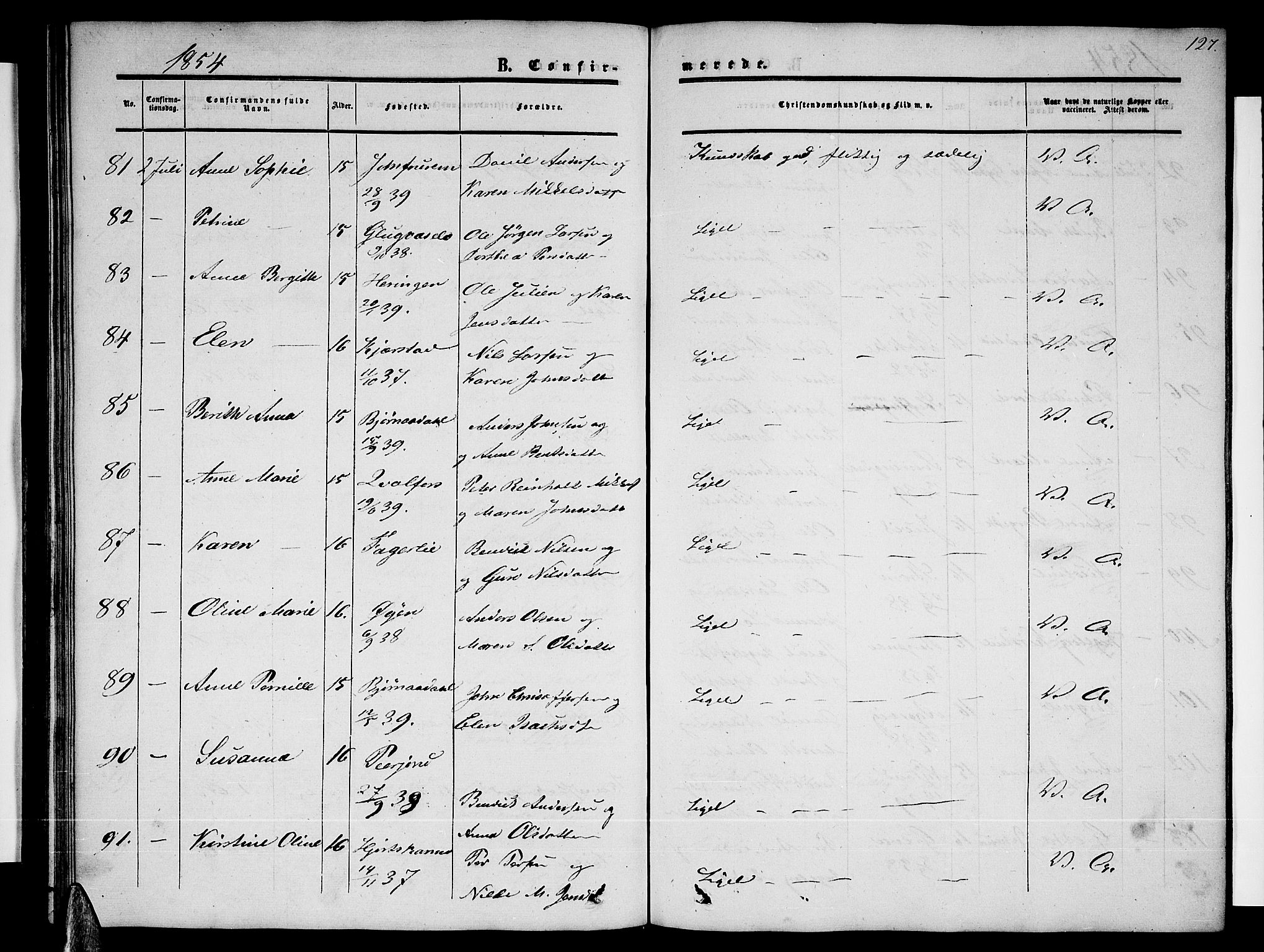 Ministerialprotokoller, klokkerbøker og fødselsregistre - Nordland, AV/SAT-A-1459/820/L0301: Parish register (copy) no. 820C03, 1851-1858, p. 127