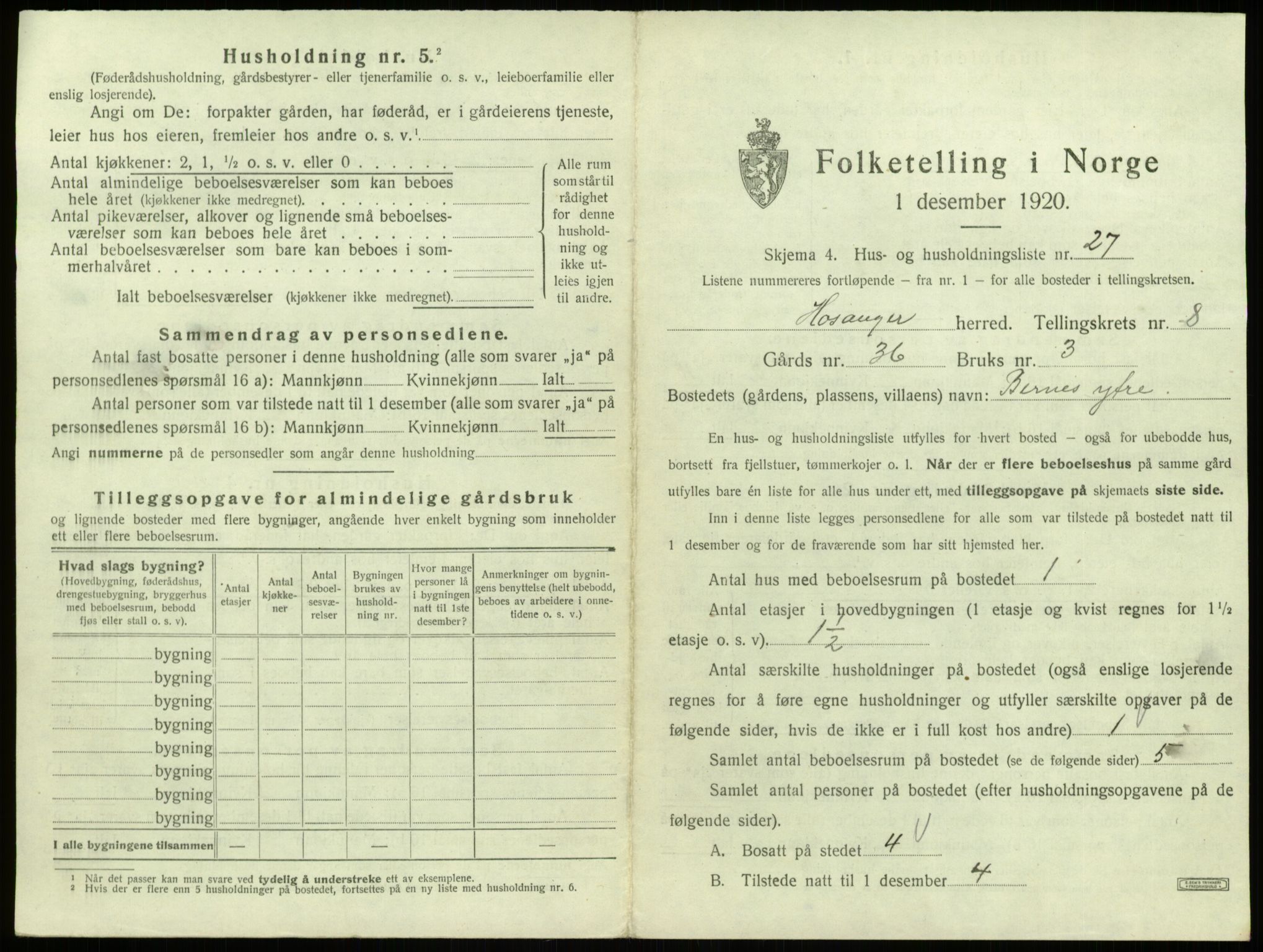 SAB, 1920 census for Hosanger, 1920, p. 478