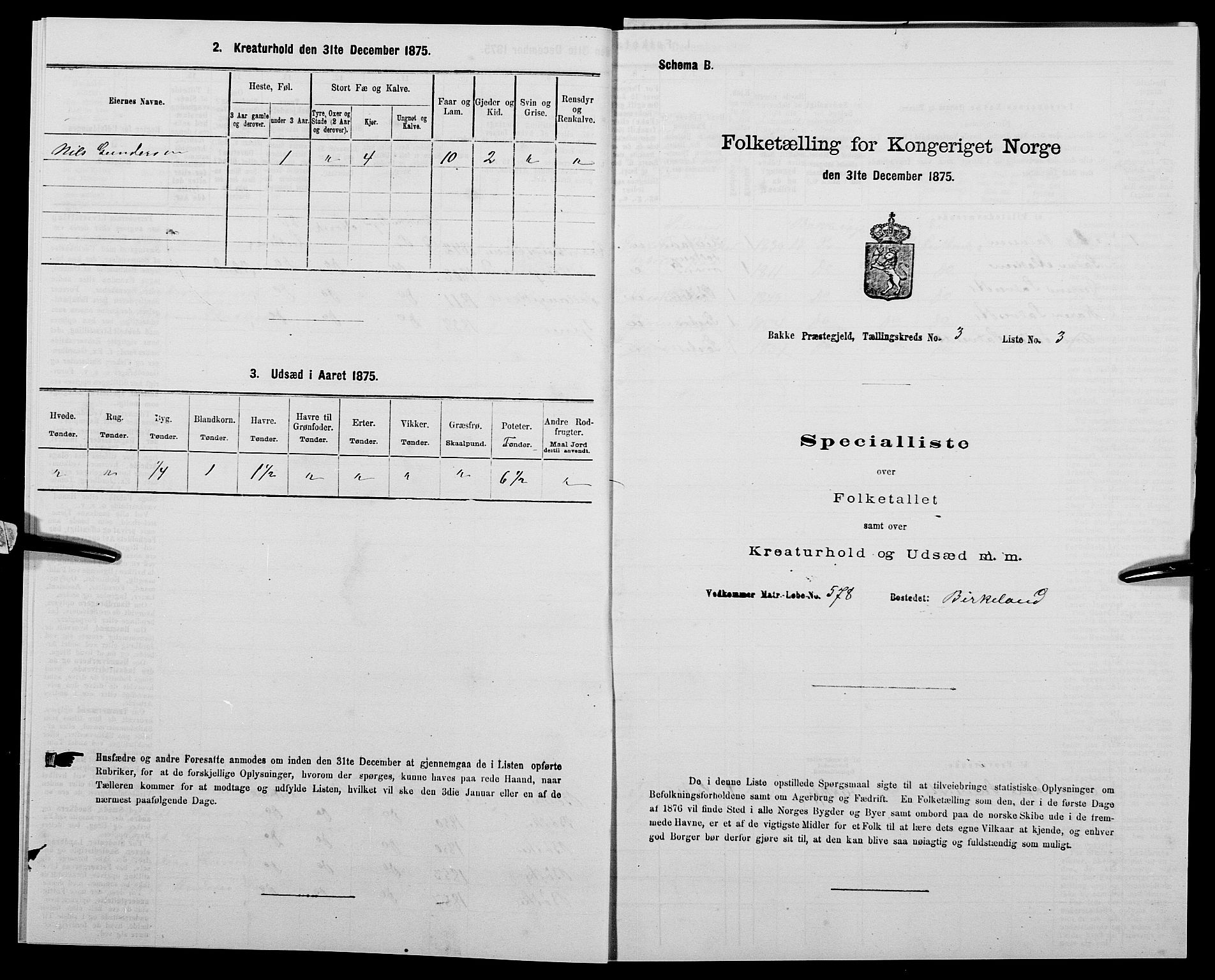 SAK, 1875 census for 1045P Bakke, 1875, p. 225