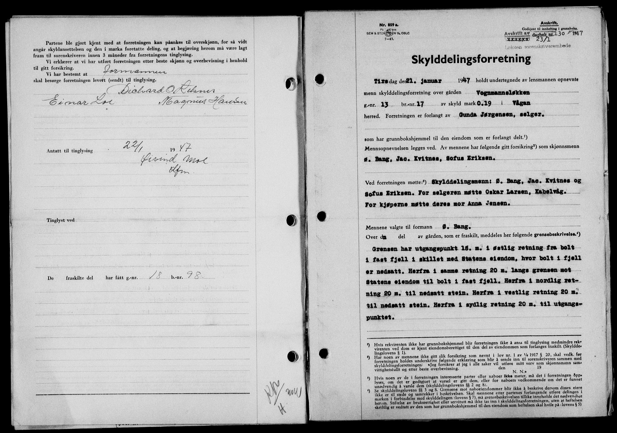Lofoten sorenskriveri, SAT/A-0017/1/2/2C/L0015a: Mortgage book no. 15a, 1946-1947, Diary no: : 130/1947