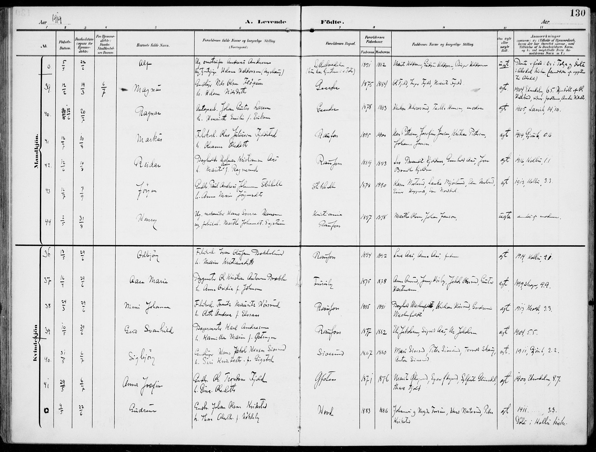 Vestre Toten prestekontor, SAH/PREST-108/H/Ha/Haa/L0014: Parish register (official) no. 14, 1907-1920, p. 130