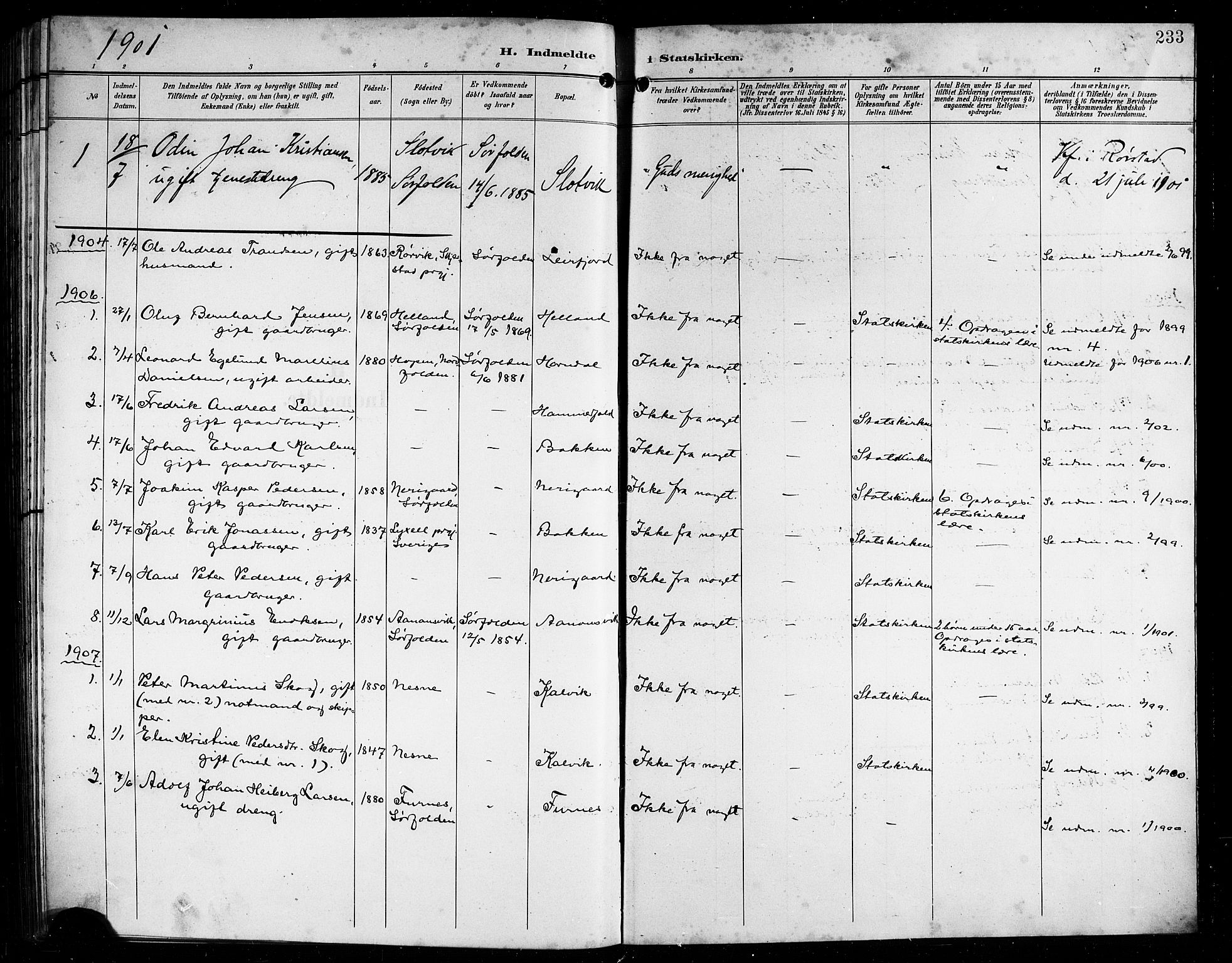 Ministerialprotokoller, klokkerbøker og fødselsregistre - Nordland, AV/SAT-A-1459/854/L0786: Parish register (copy) no. 854C02, 1901-1912, p. 233