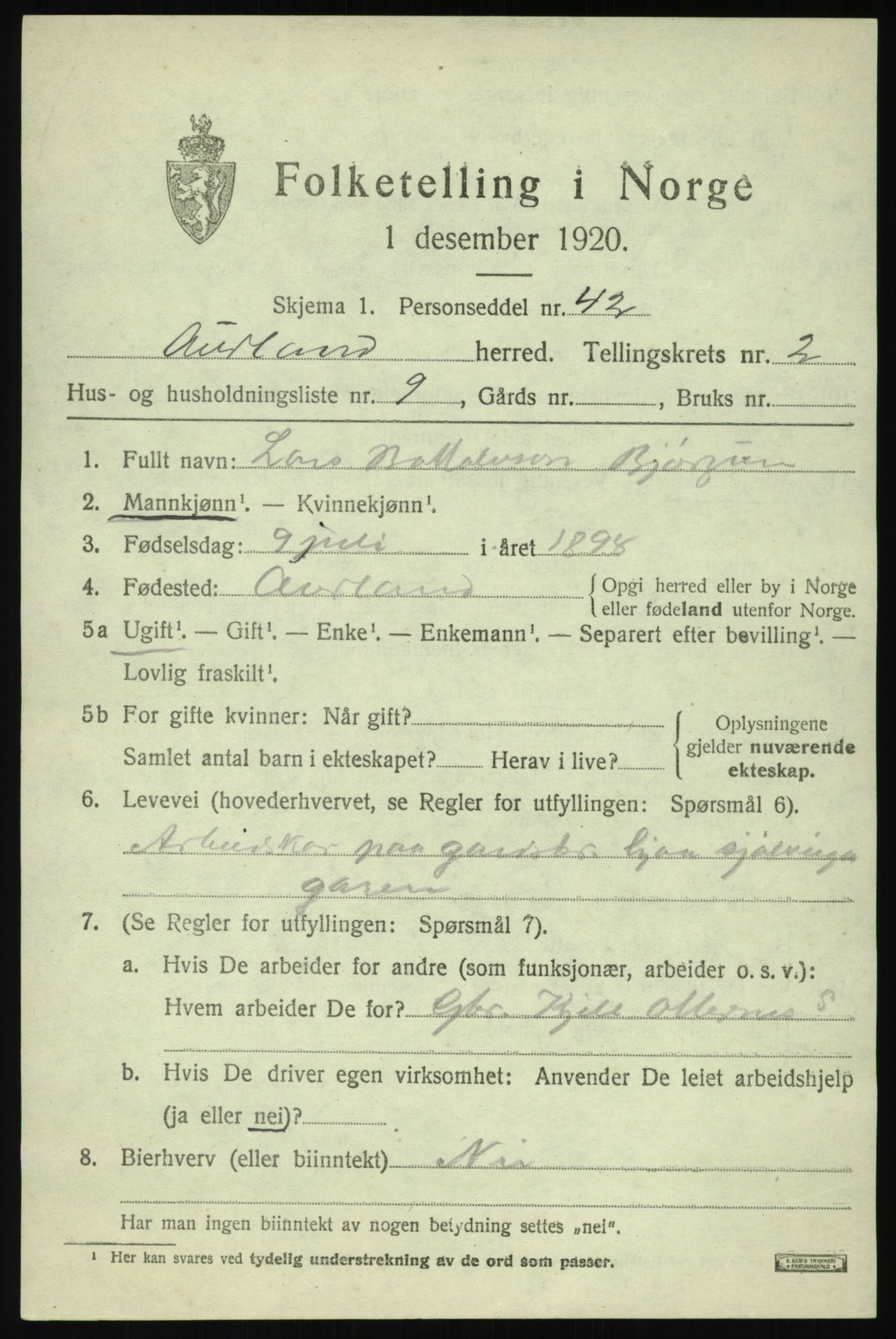 SAB, 1920 census for Aurland, 1920, p. 1912