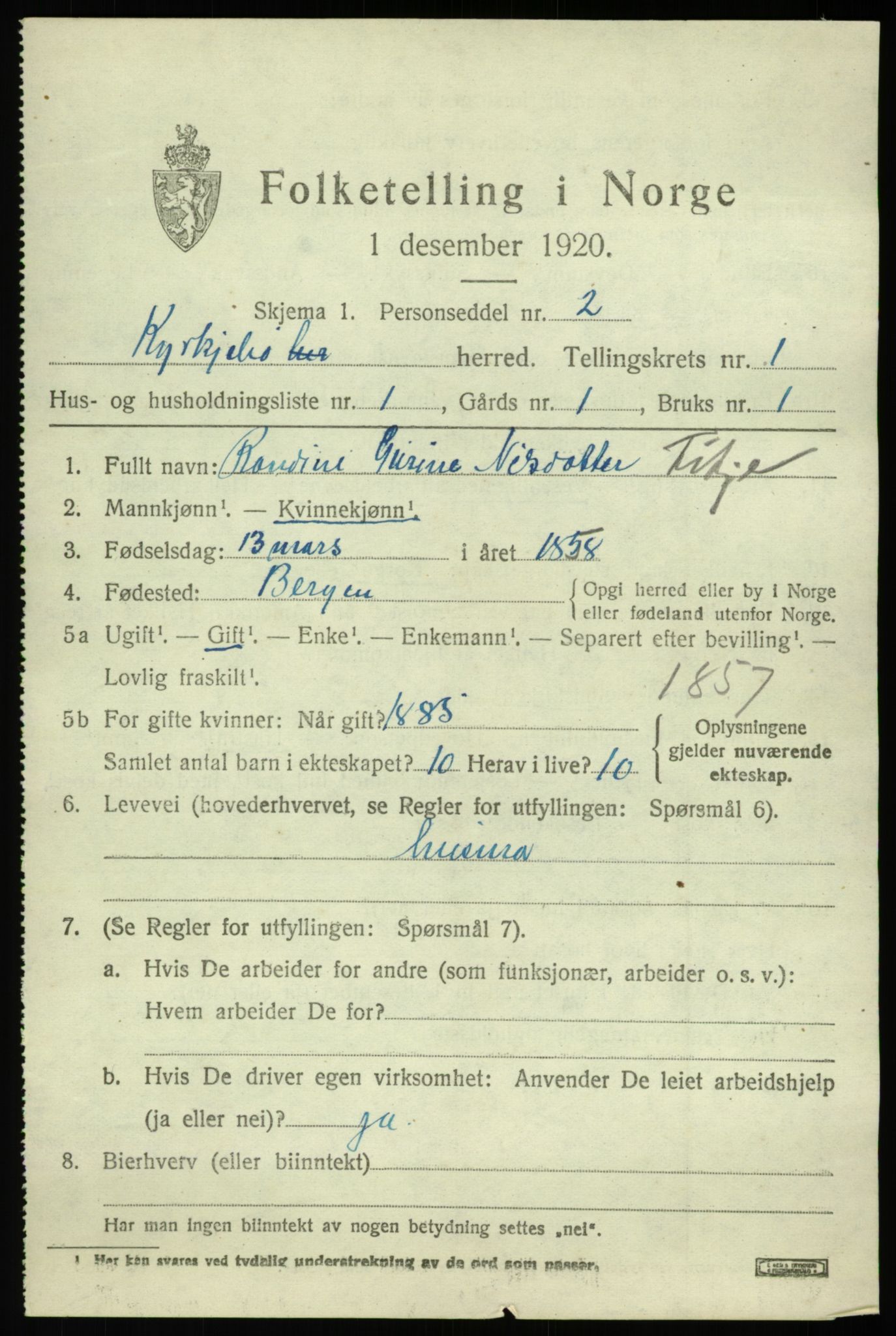 SAB, 1920 census for Kyrkjebø, 1920, p. 735