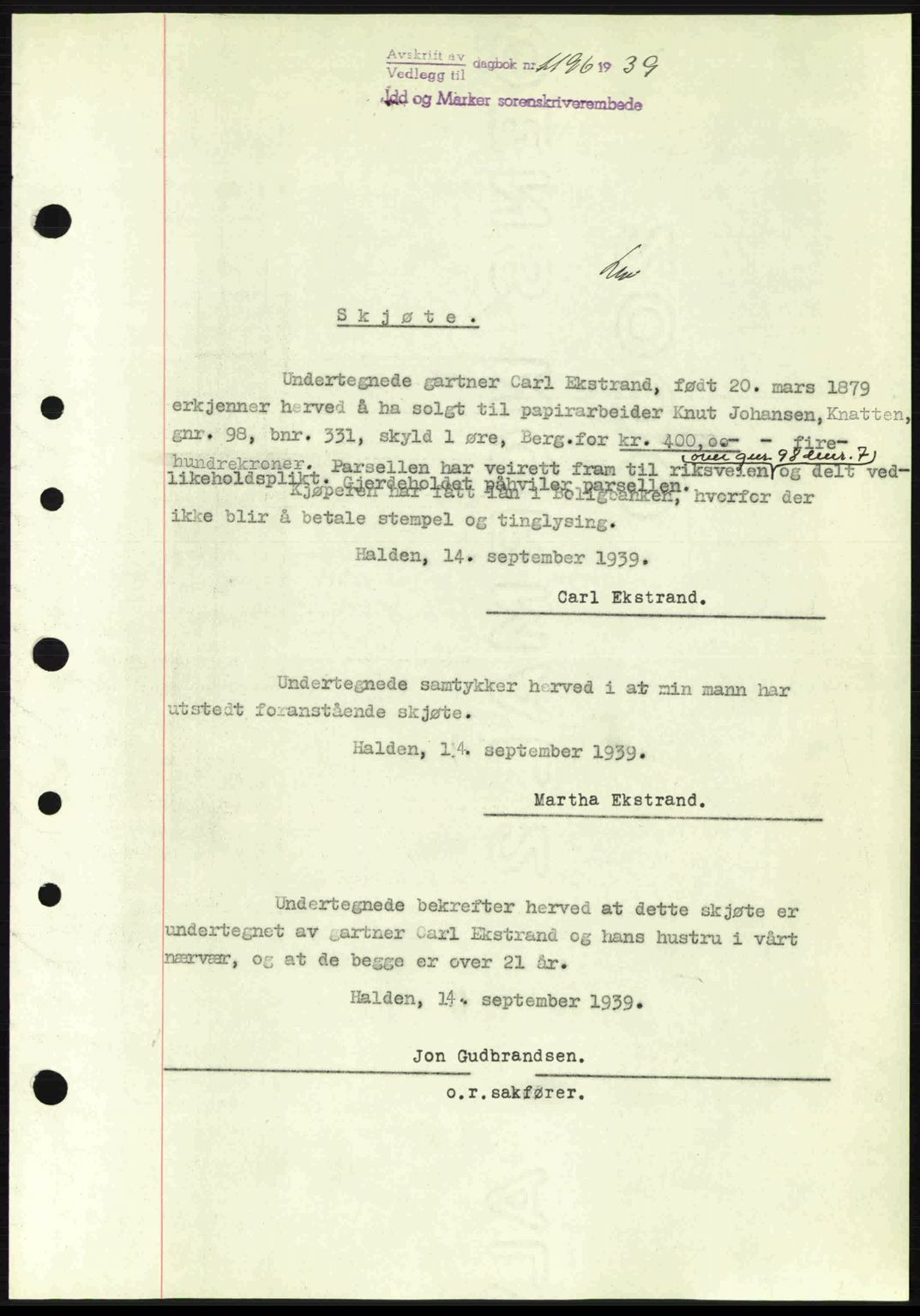Idd og Marker sorenskriveri, AV/SAO-A-10283/G/Gb/Gbb/L0003: Mortgage book no. A3, 1938-1939, Diary no: : 1196/1939