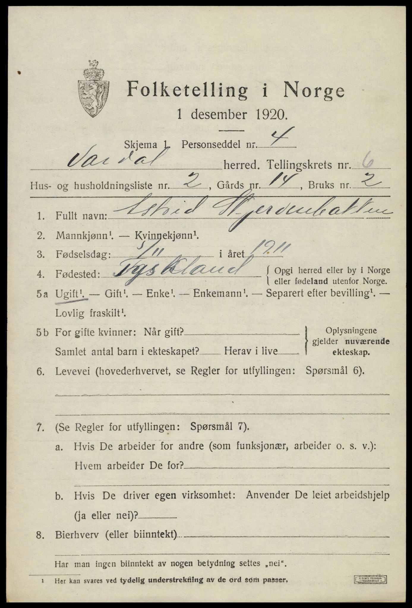 SAH, 1920 census for Vardal, 1920, p. 3883