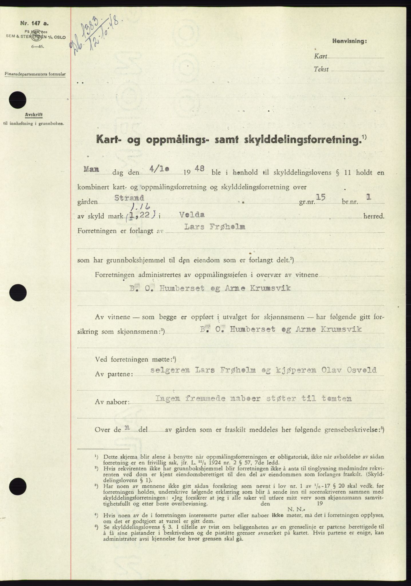 Søre Sunnmøre sorenskriveri, AV/SAT-A-4122/1/2/2C/L0083: Mortgage book no. 9A, 1948-1949, Diary no: : 1383/1948