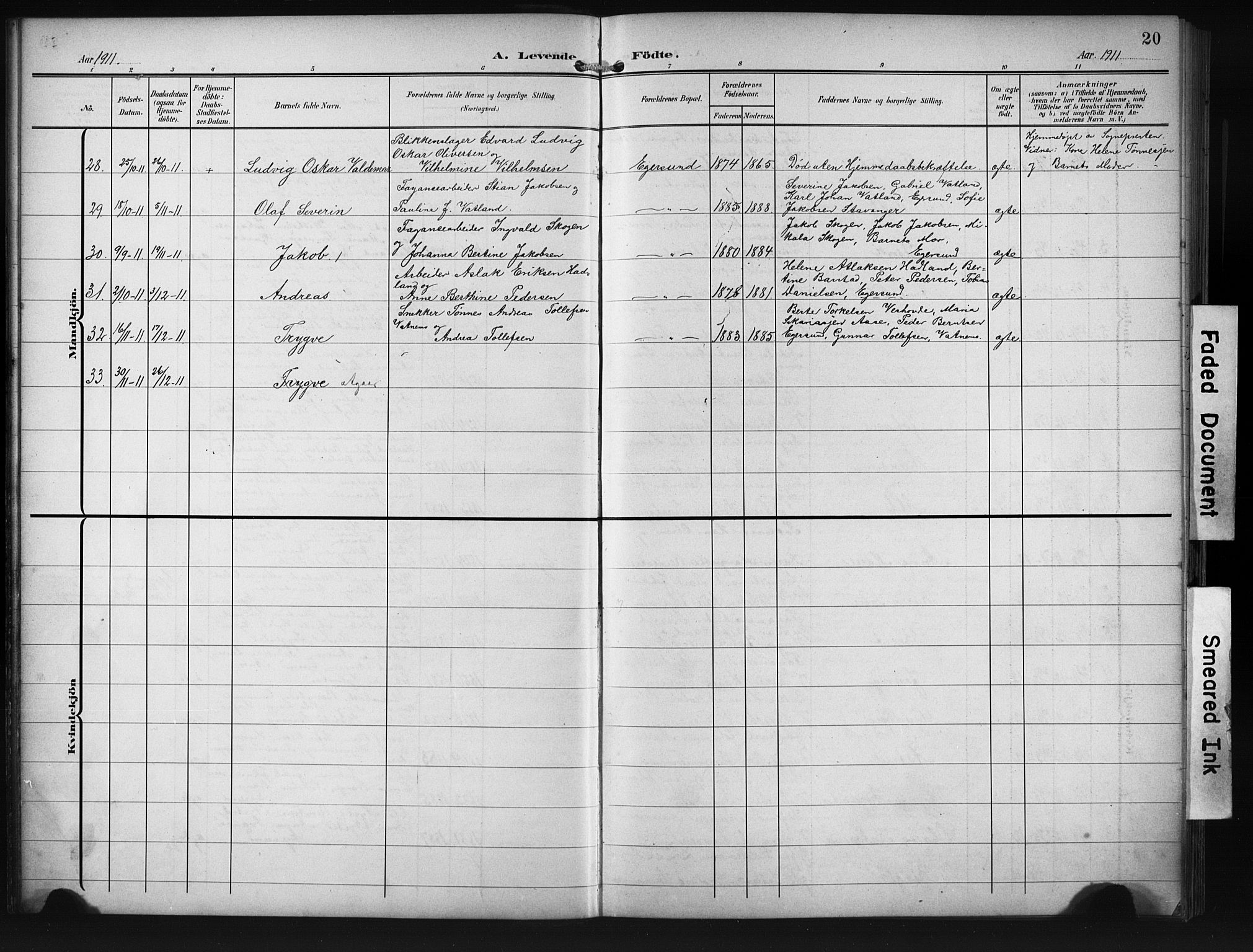 Eigersund sokneprestkontor, SAST/A-101807/S09/L0012: Parish register (copy) no. B 12, 1908-1930, p. 20