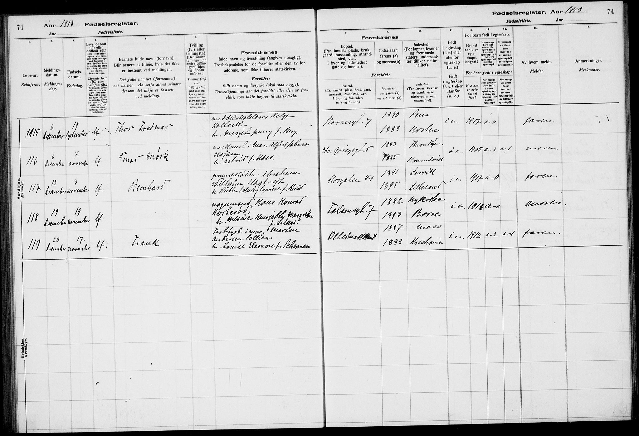 Horten kirkebøker, AV/SAKO-A-348/J/Ja/L0001: Birth register no. 1, 1916-1923, p. 74