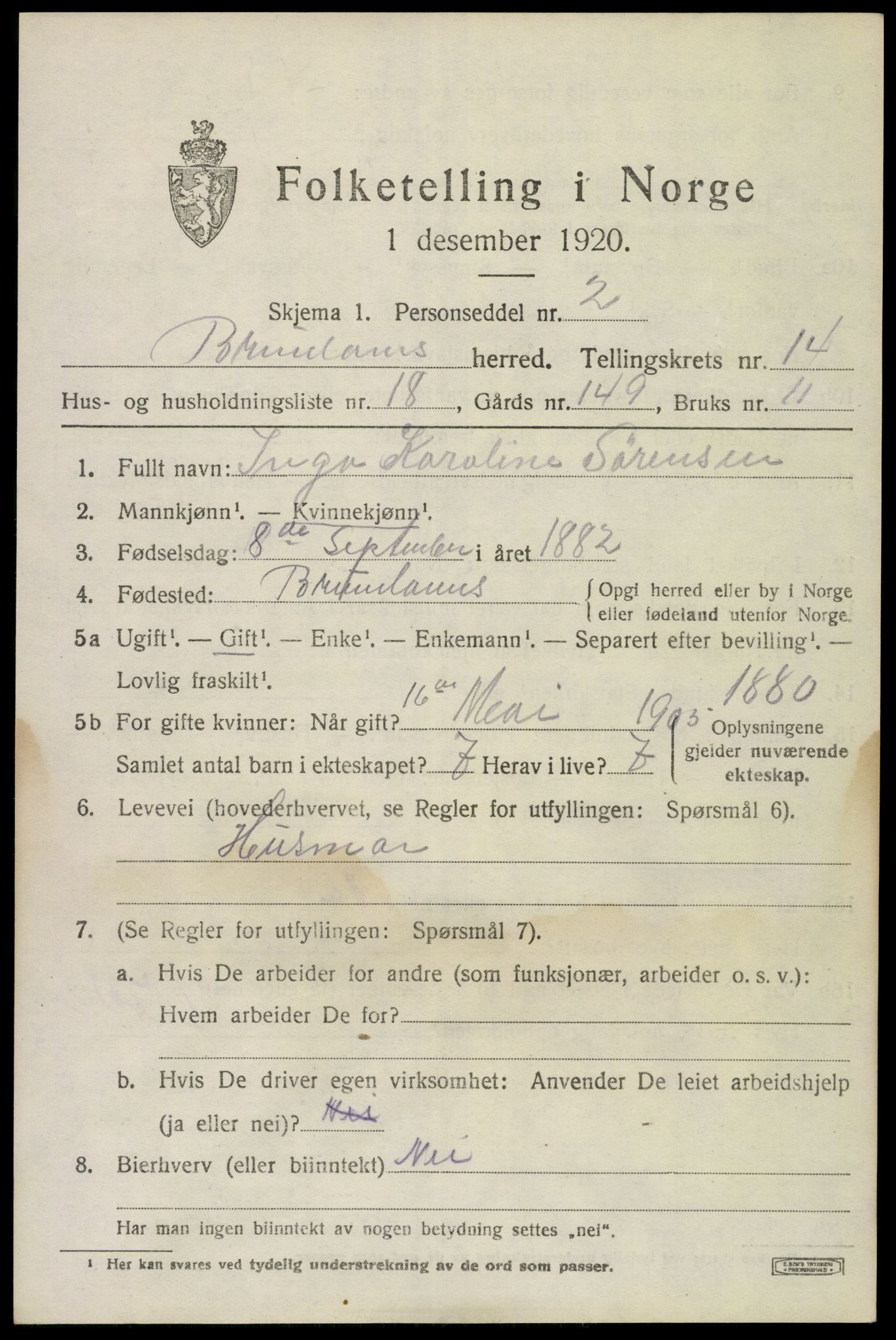 SAKO, 1920 census for Brunlanes, 1920, p. 11541