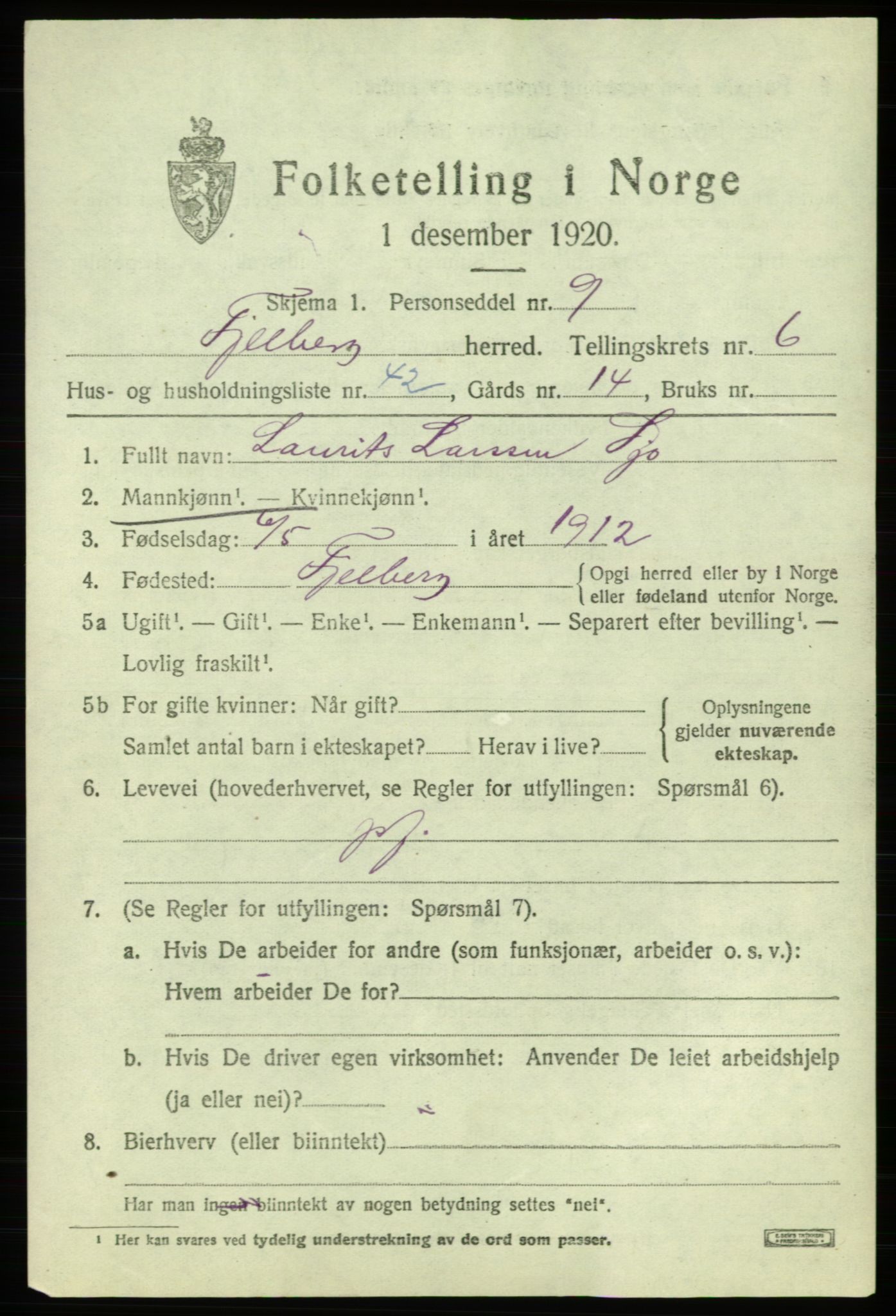 SAB, 1920 census for Fjelberg, 1920, p. 2733