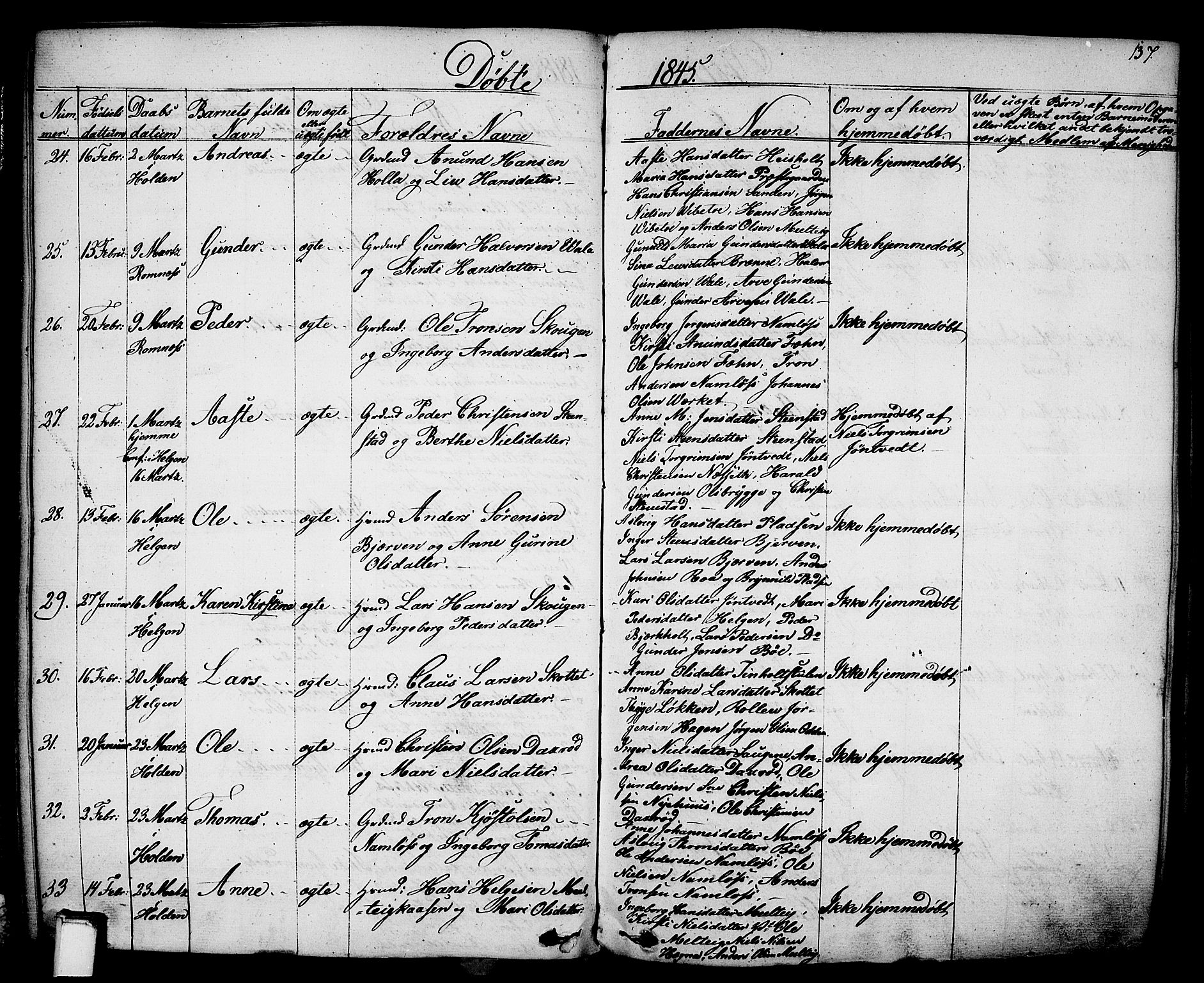 Holla kirkebøker, AV/SAKO-A-272/F/Fa/L0004: Parish register (official) no. 4, 1830-1848, p. 137