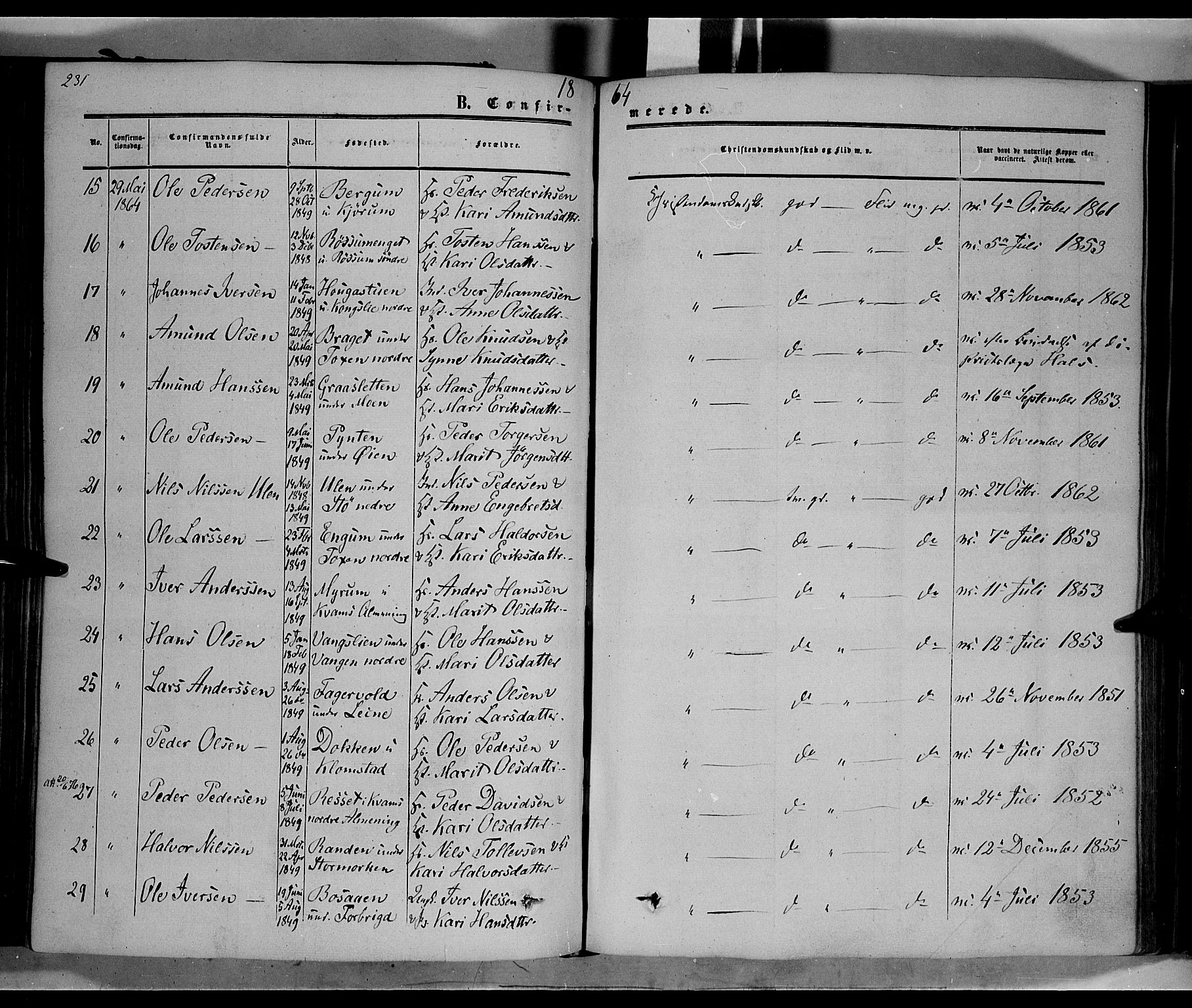 Nord-Fron prestekontor, SAH/PREST-080/H/Ha/Haa/L0001: Parish register (official) no. 1, 1851-1864, p. 231