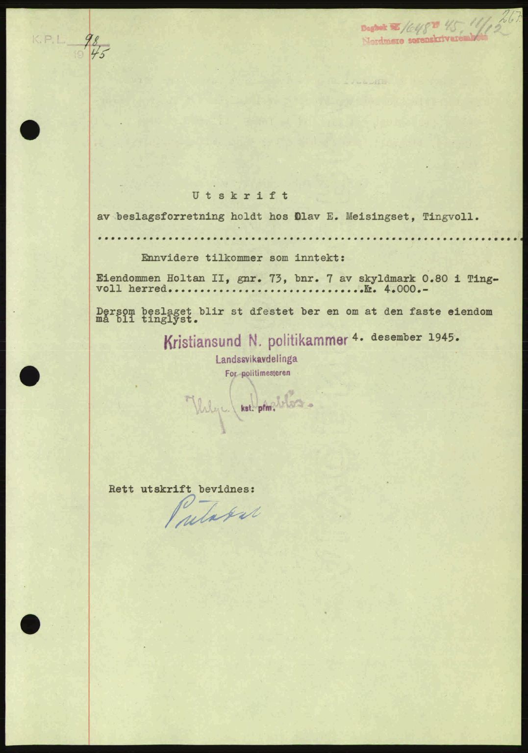 Nordmøre sorenskriveri, AV/SAT-A-4132/1/2/2Ca: Mortgage book no. B93a, 1945-1945, Diary no: : 1648/1945