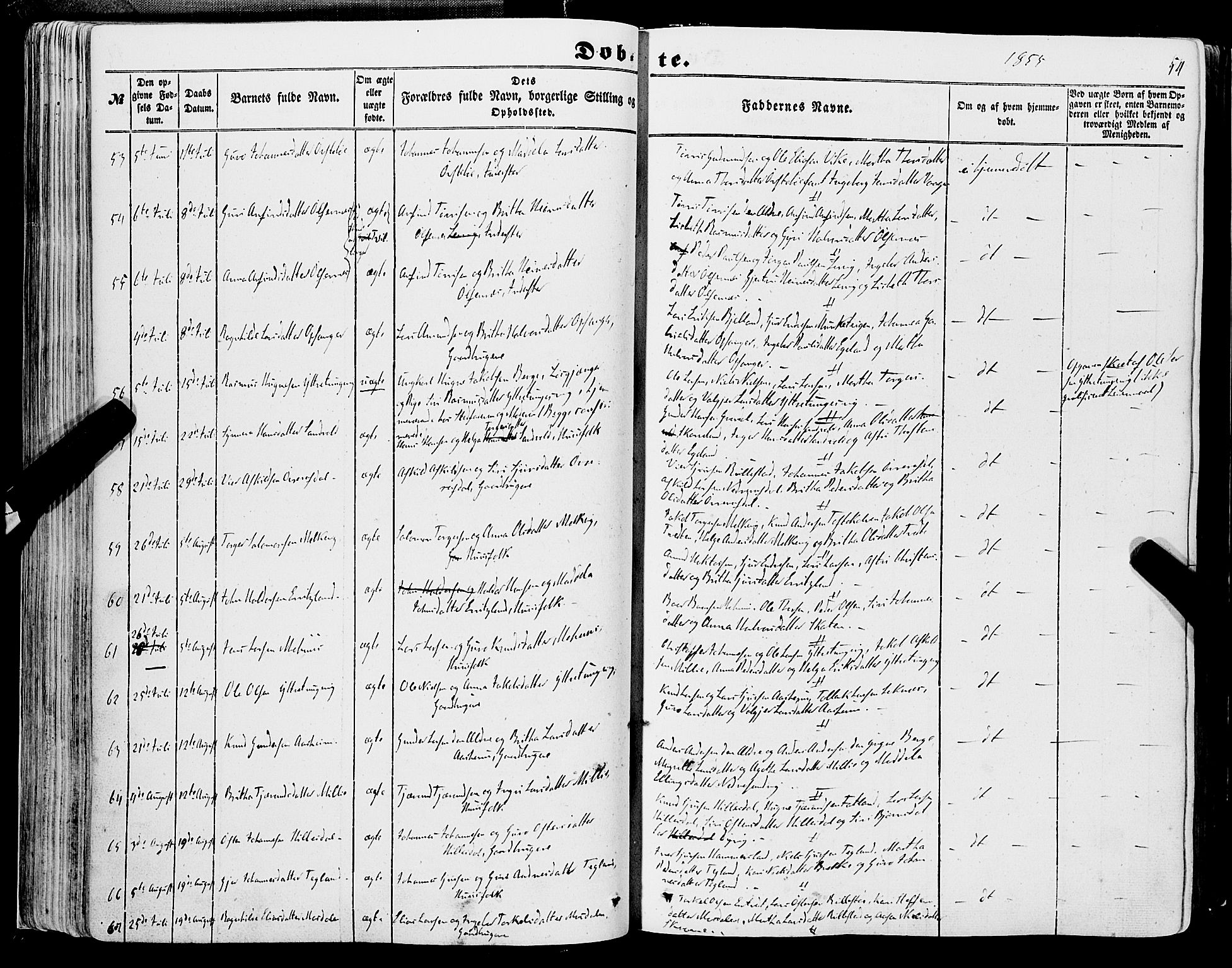 Skånevik sokneprestembete, SAB/A-77801/H/Haa: Parish register (official) no. A 5I, 1848-1869, p. 54