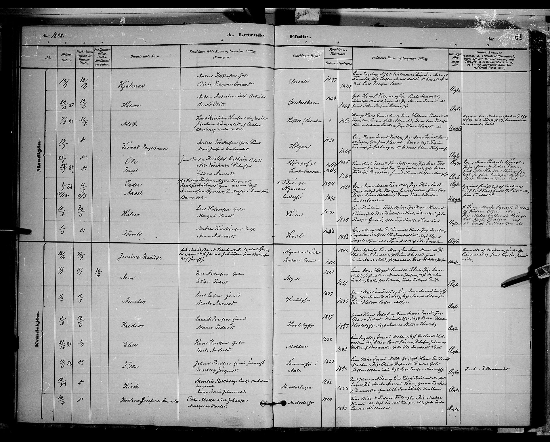 Gran prestekontor, AV/SAH-PREST-112/H/Ha/Hab/L0002: Parish register (copy) no. 2, 1879-1892, p. 61