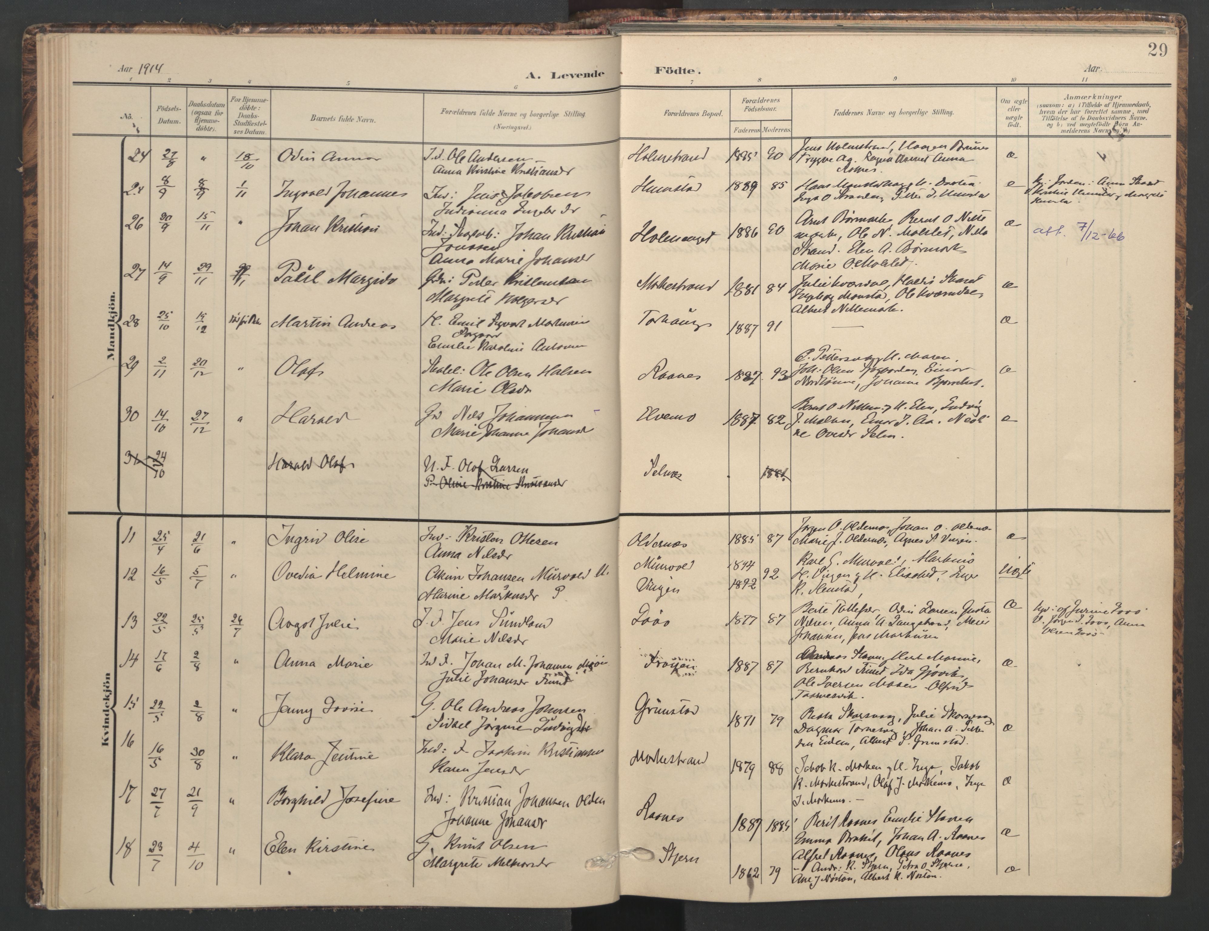 Ministerialprotokoller, klokkerbøker og fødselsregistre - Sør-Trøndelag, AV/SAT-A-1456/655/L0682: Parish register (official) no. 655A11, 1908-1922, p. 29
