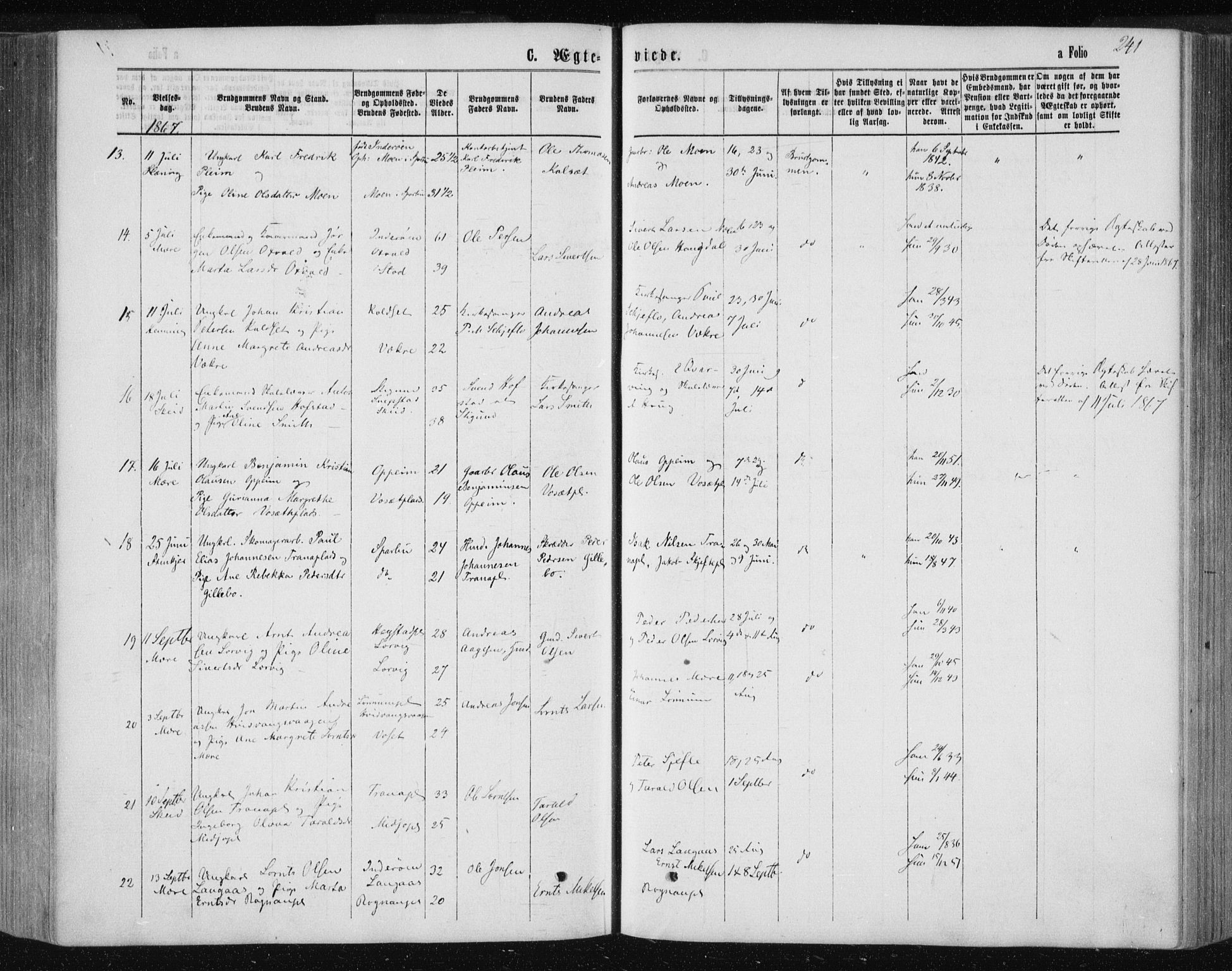 Ministerialprotokoller, klokkerbøker og fødselsregistre - Nord-Trøndelag, SAT/A-1458/735/L0345: Parish register (official) no. 735A08 /1, 1863-1872, p. 241