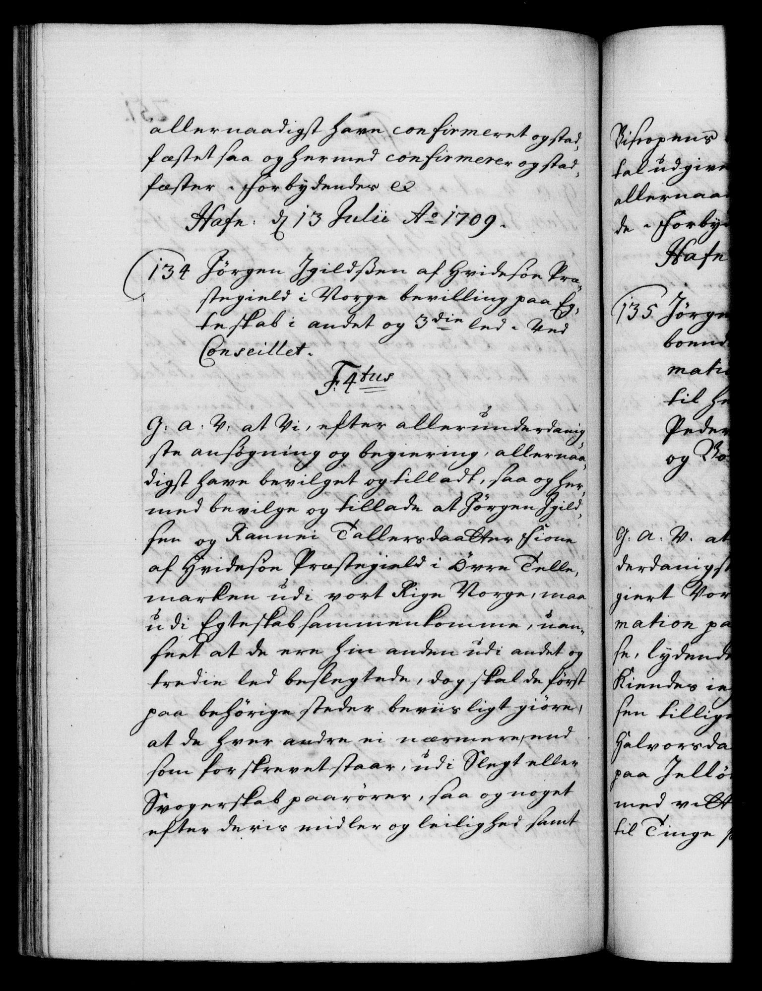 Danske Kanselli 1572-1799, AV/RA-EA-3023/F/Fc/Fca/Fcaa/L0020: Norske registre, 1708-1711, p. 251b