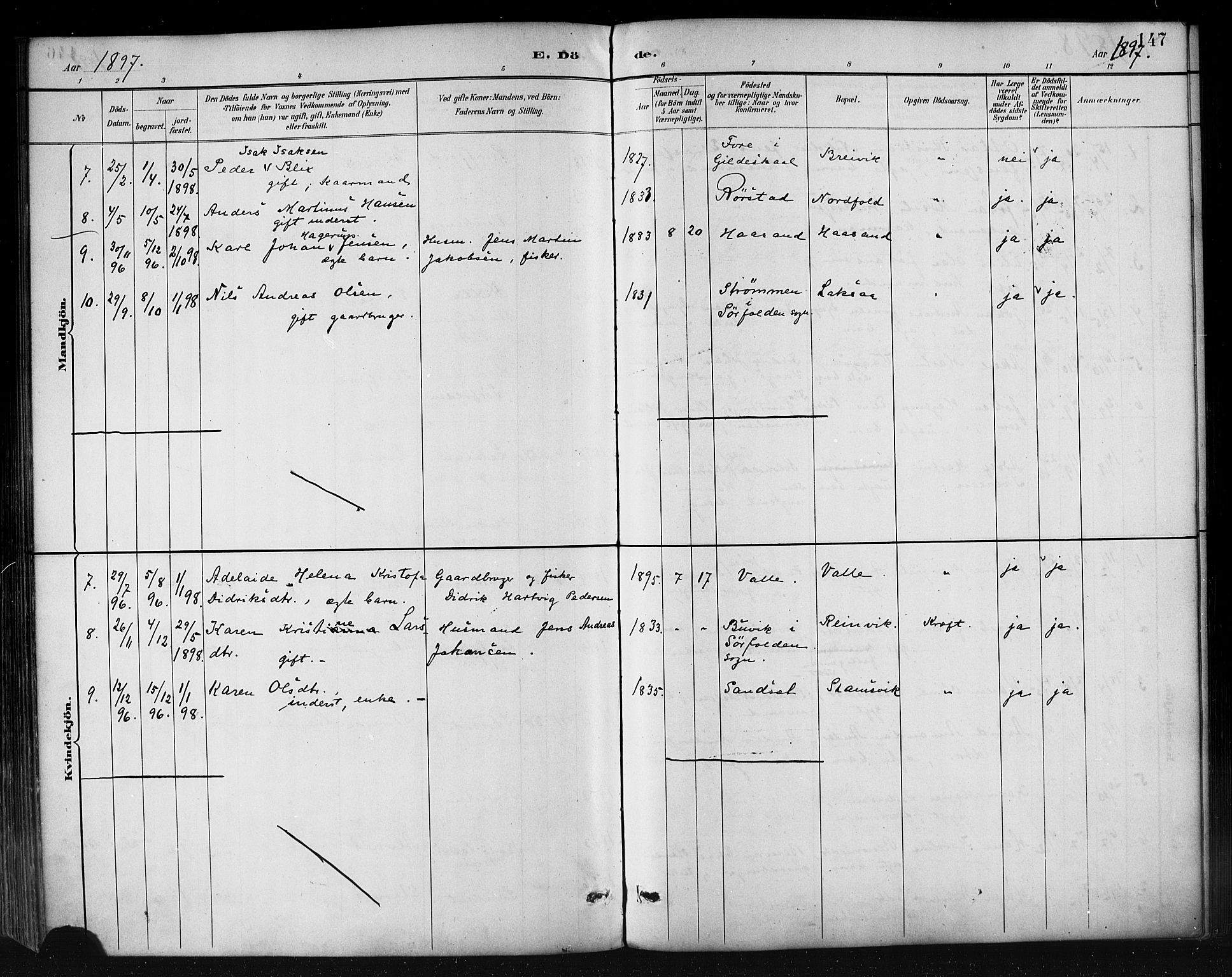 Ministerialprotokoller, klokkerbøker og fødselsregistre - Nordland, AV/SAT-A-1459/858/L0831: Parish register (official) no. 858A01, 1884-1902, p. 147