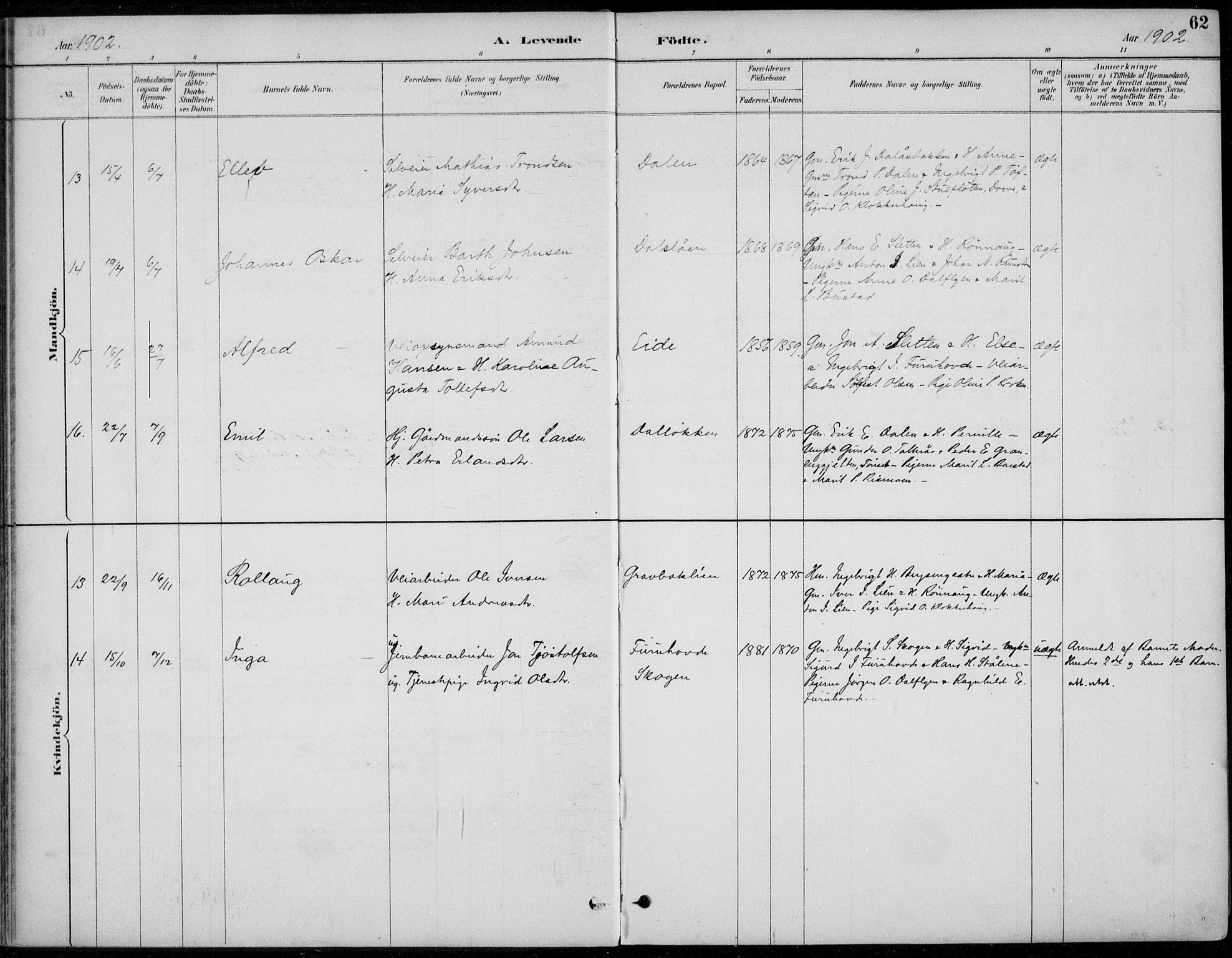 Alvdal prestekontor, AV/SAH-PREST-060/H/Ha/Haa/L0003: Parish register (official) no. 3, 1886-1912, p. 62