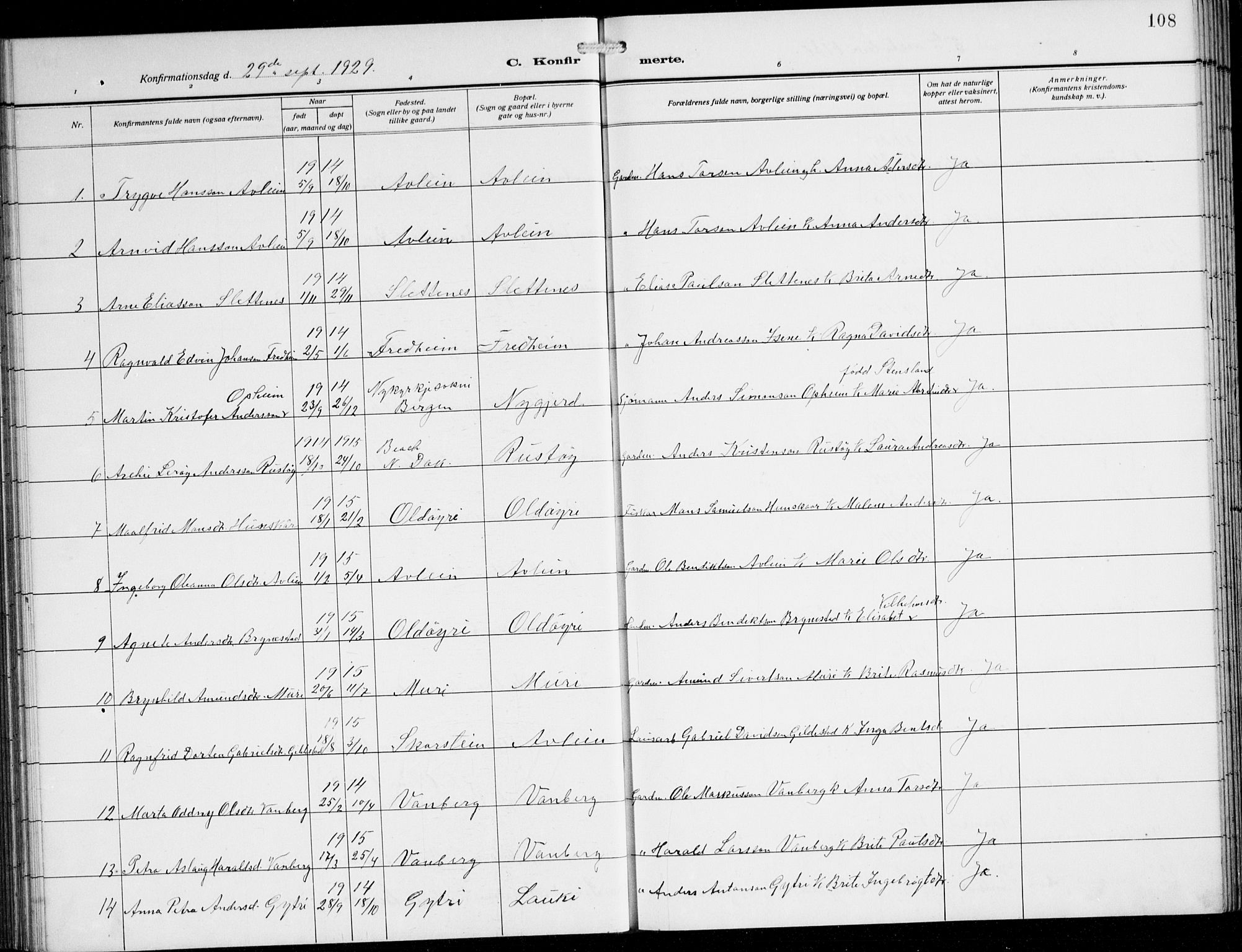 Innvik sokneprestembete, AV/SAB-A-80501: Parish register (copy) no. B 5, 1915-1943, p. 108