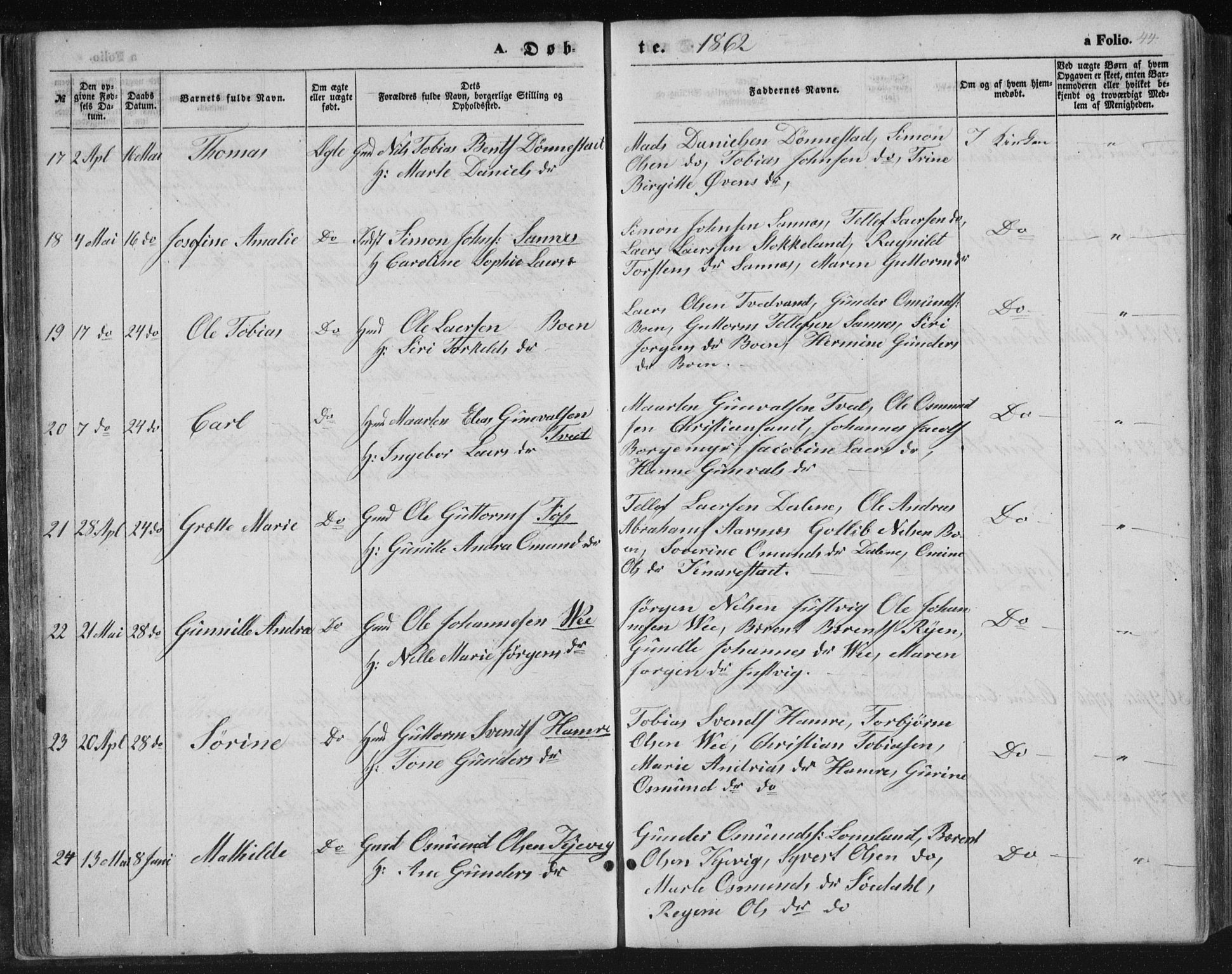 Tveit sokneprestkontor, AV/SAK-1111-0043/F/Fb/L0003: Parish register (copy) no. B 3, 1854-1886, p. 44